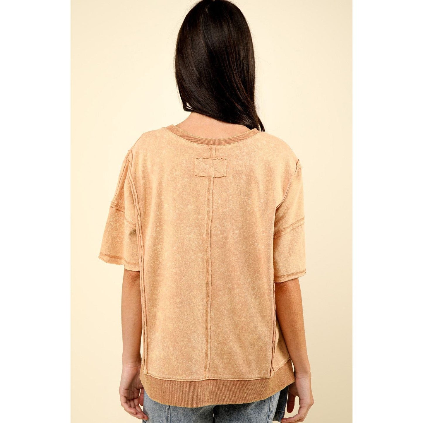 VERY J Round Neck Exposed Seam Slit T-Shirt