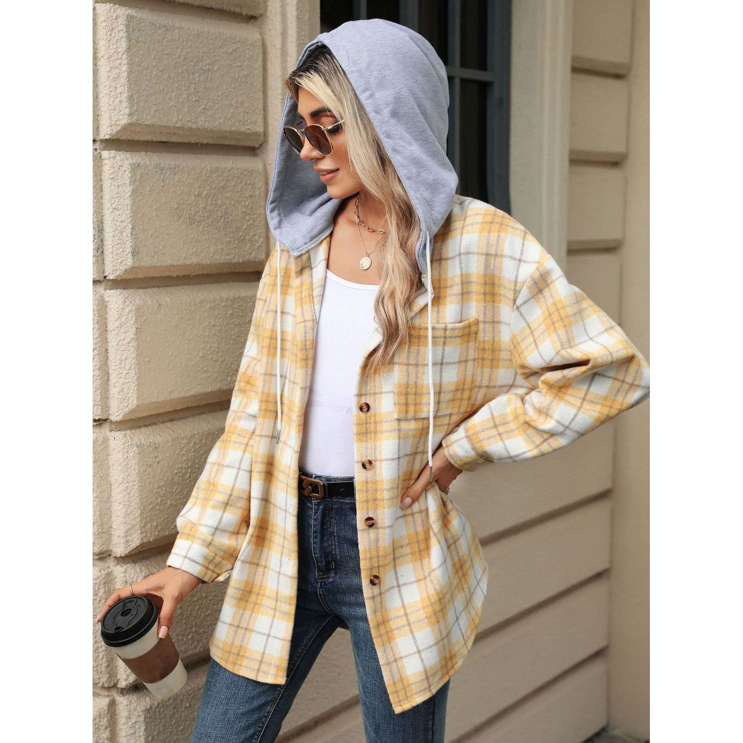 Drawstring Plaid Button Up Hooded Jacket