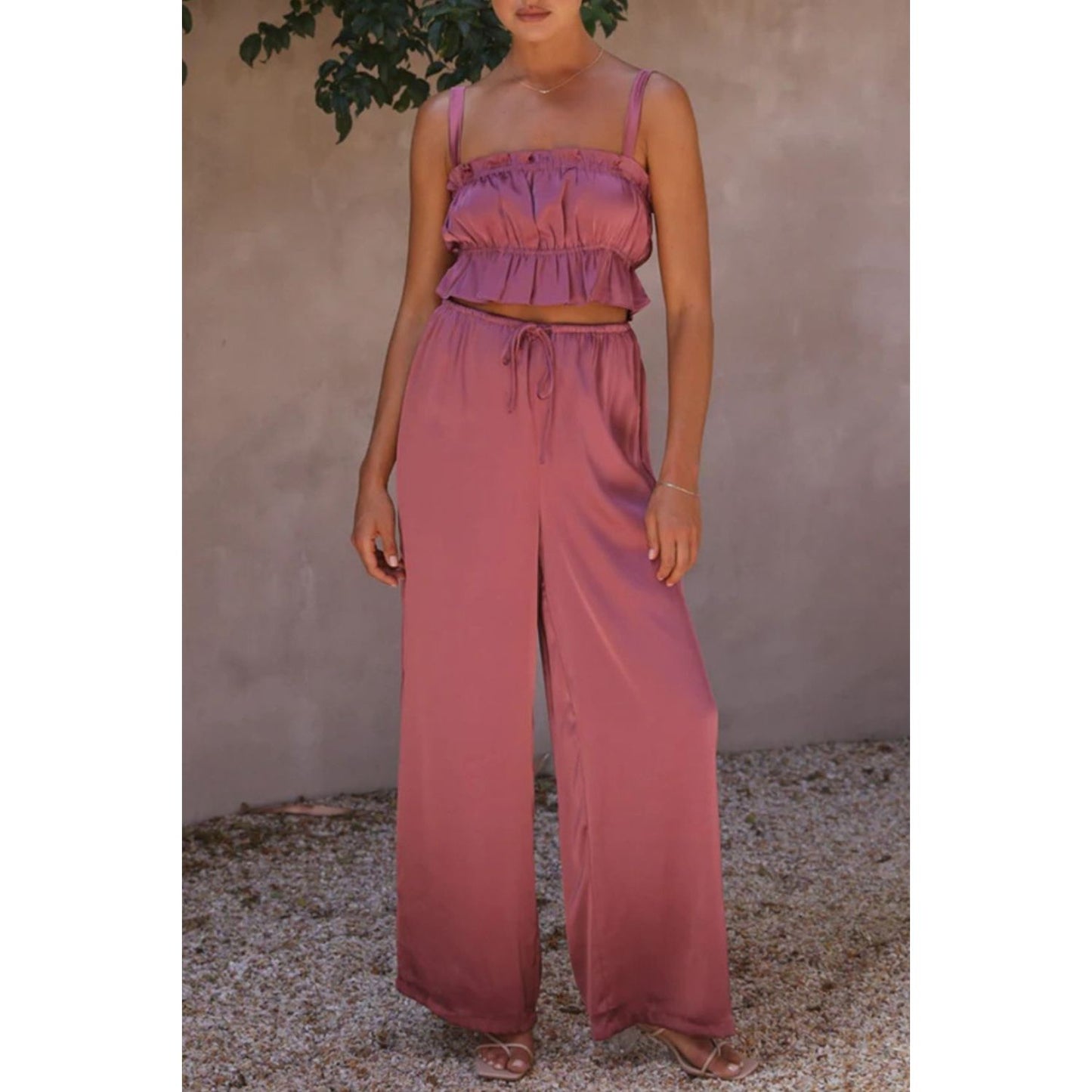 Ruffled Sleeveless Top and Wide Leg Pants Set