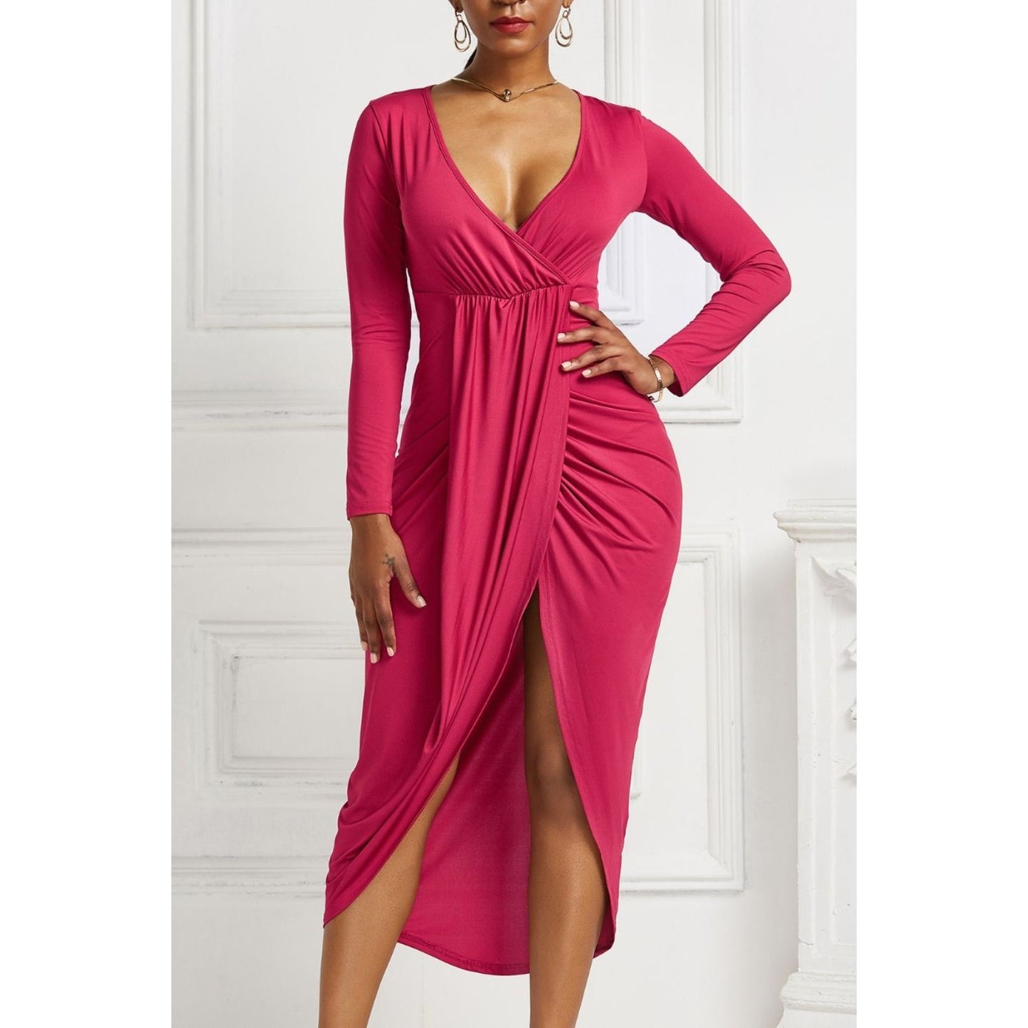 High-low Ruched Surplice Long Sleeve Dress