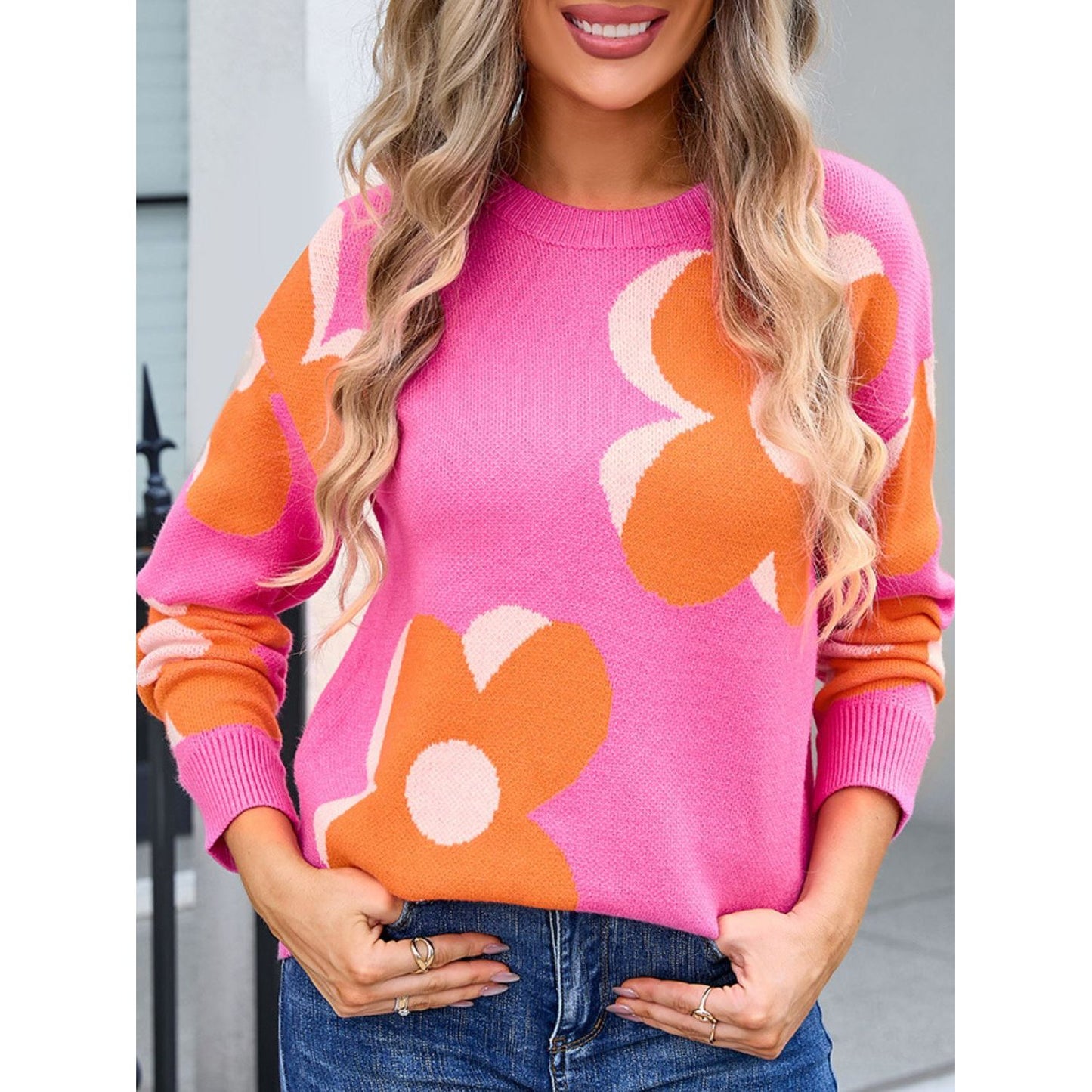 Angel Wings Flower Round Neck Long Sleeve Sweater