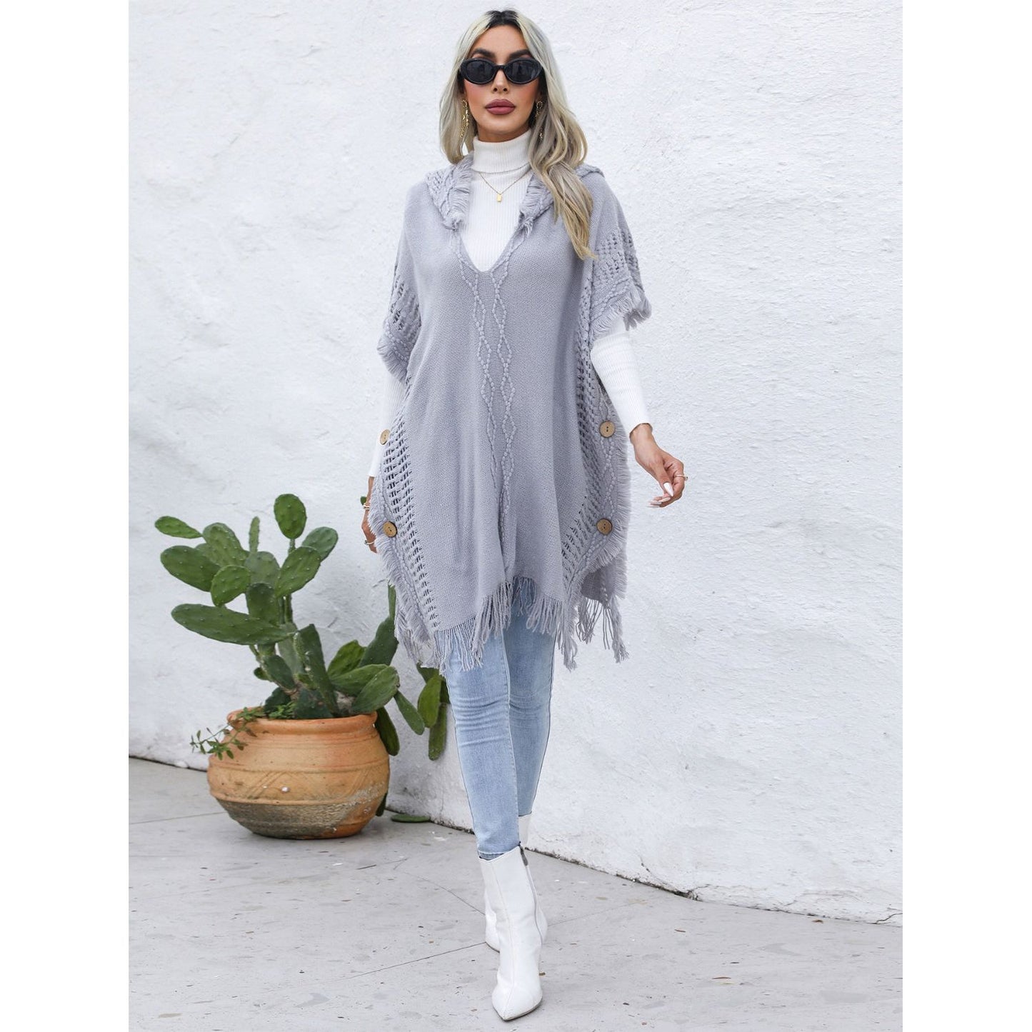 Fringe Trim Buttoned Hooded Poncho