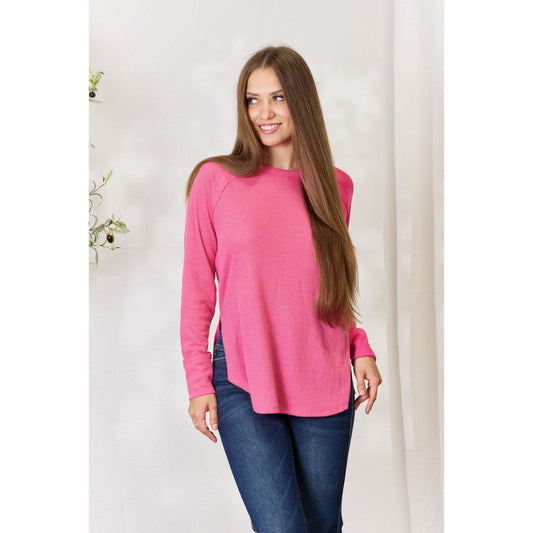 Zenana Round Neck Long Sleeve Slit Top