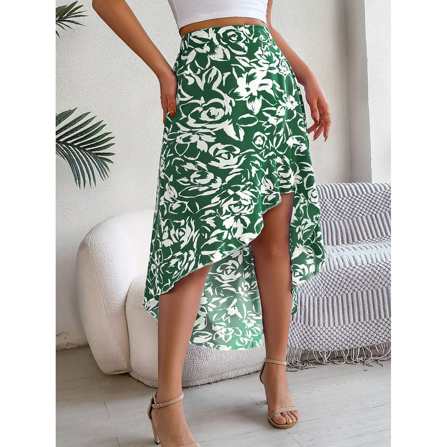 High-Low Printed High Waist Skirt