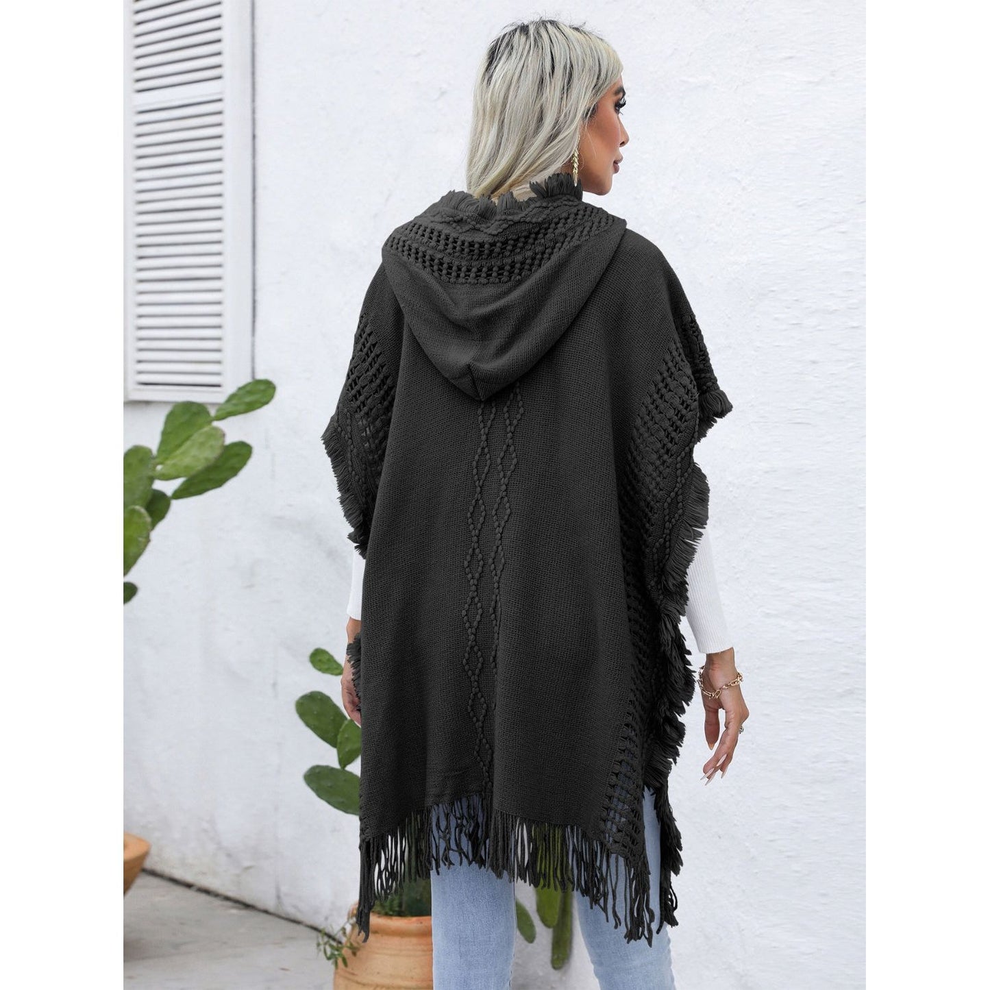 Fringe Trim Buttoned Hooded Poncho