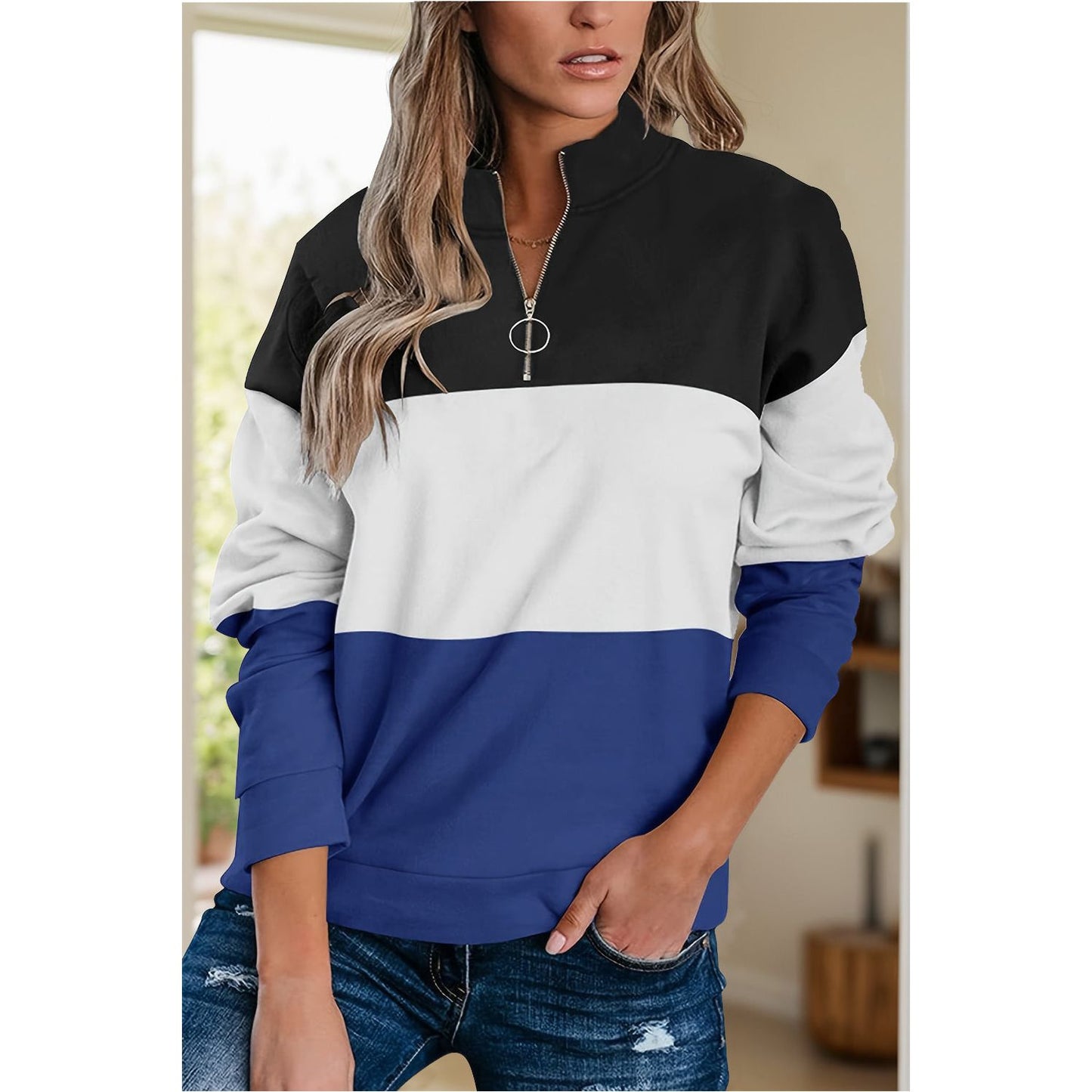 Full Size Color Block Quarter Zip Long Sleeve Sweatshirt