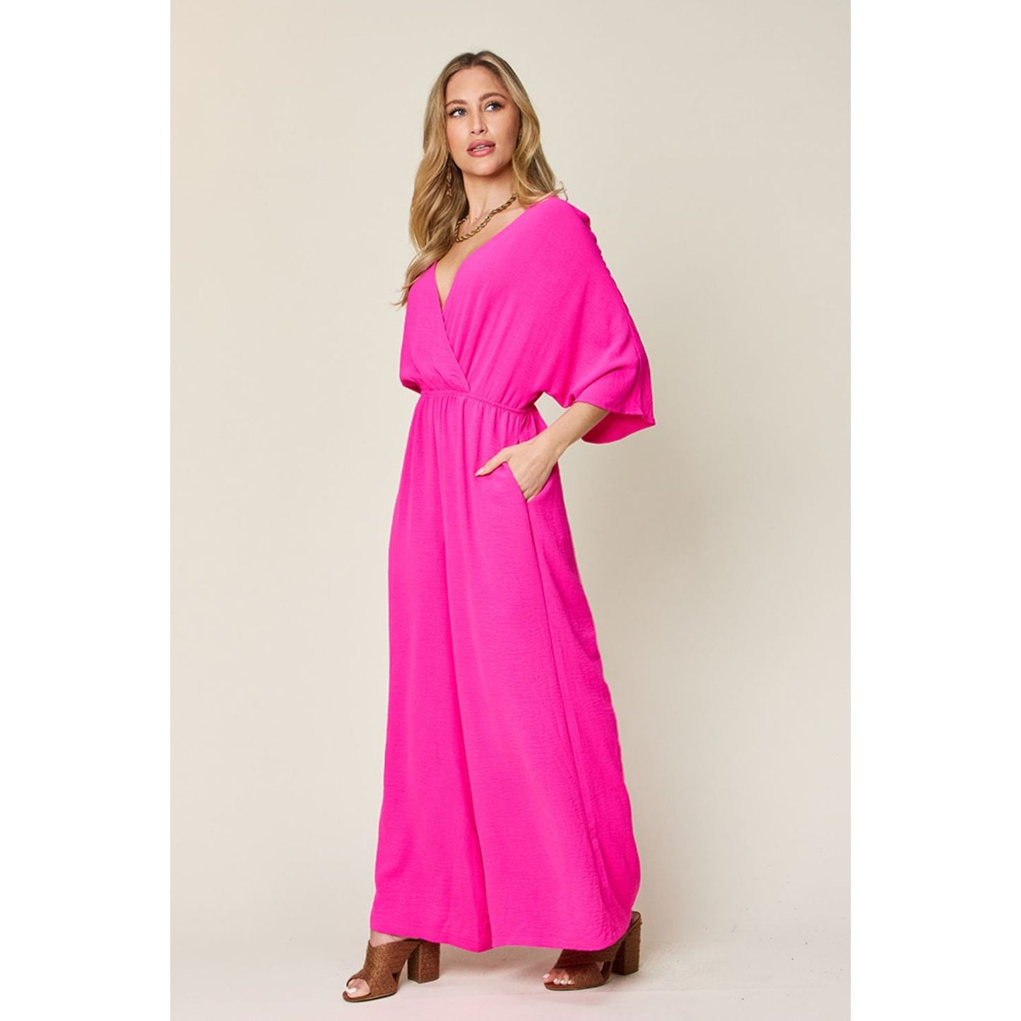 Double Take Full Size Surplice Wide Leg Jumpsuit with Pockets