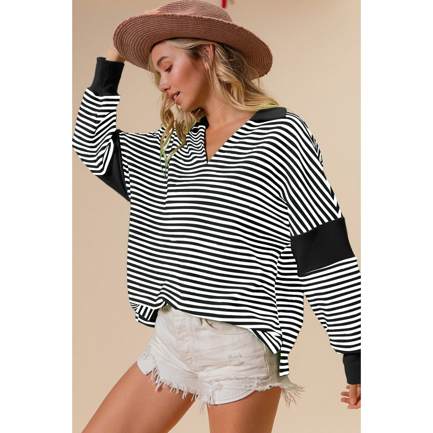 BiBi Striped Contrast Long Sleeve Knit Top