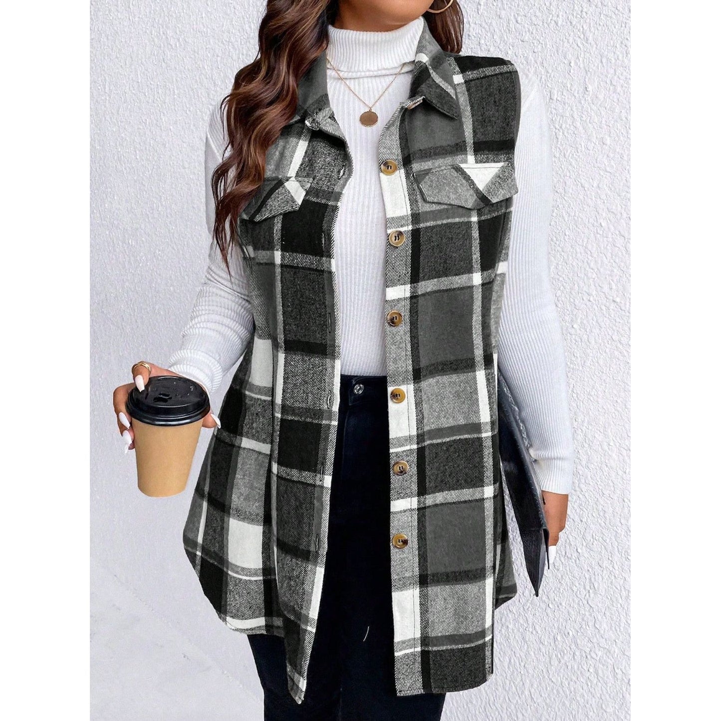 Honey Plus Size Pocketed Plaid Button Up Vest Coat