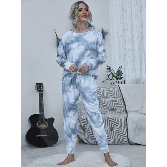 Shiny Tie-dye Round Neck Top and Drawstring Pants Lounge Set