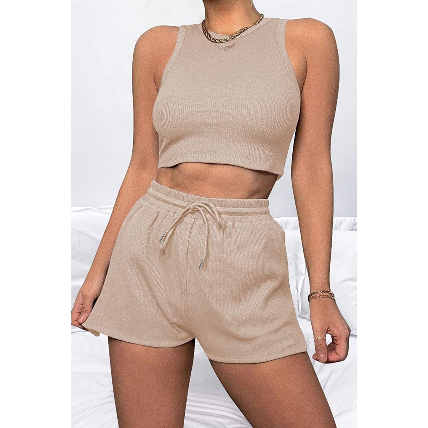 Round Neck Top and Drawstring Shorts Set