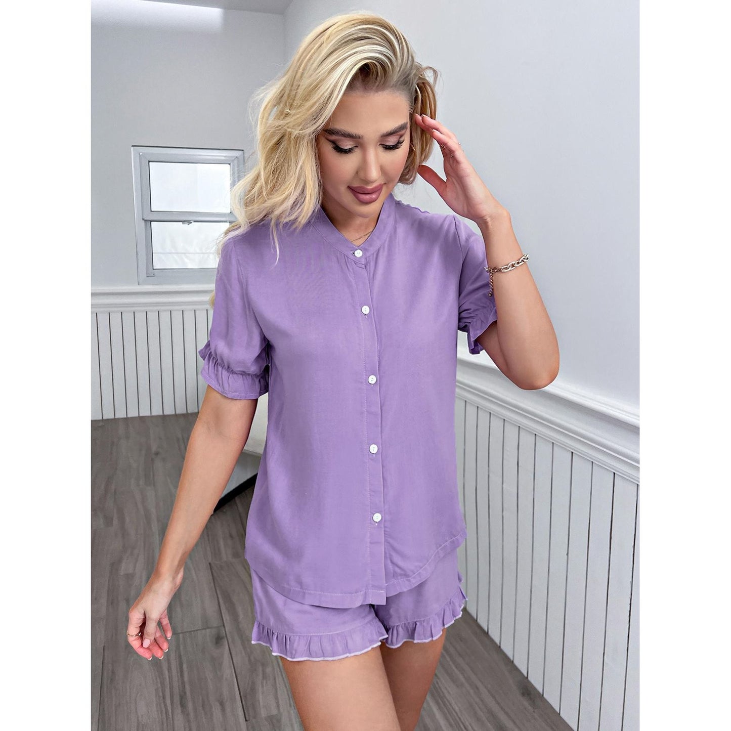 Flounce Sleeve Shirt and Frill Trim Shorts Lounge Set