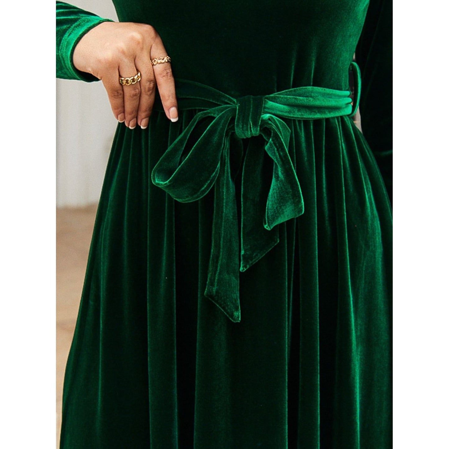 Tie Front Round Neck Long Sleeve Maxi Dress