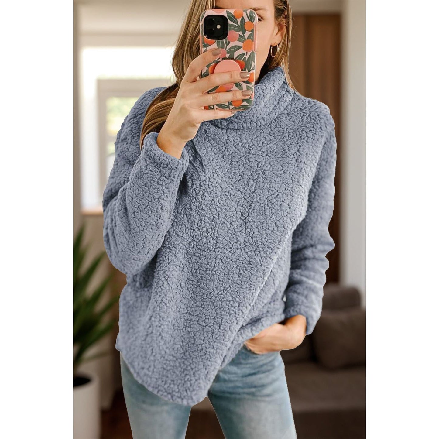 Fuzzy Turtleneck Long Sleeve Sweatshirt