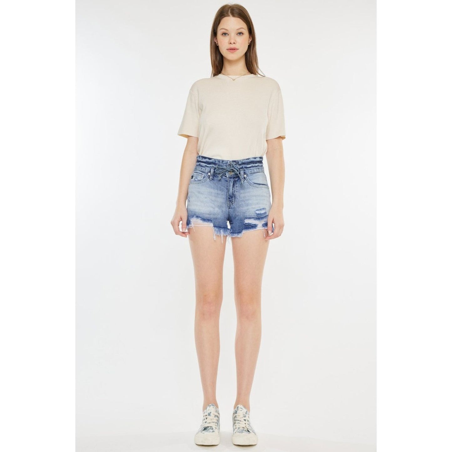 Kancan High Rise Frayed Hem Denim Shorts