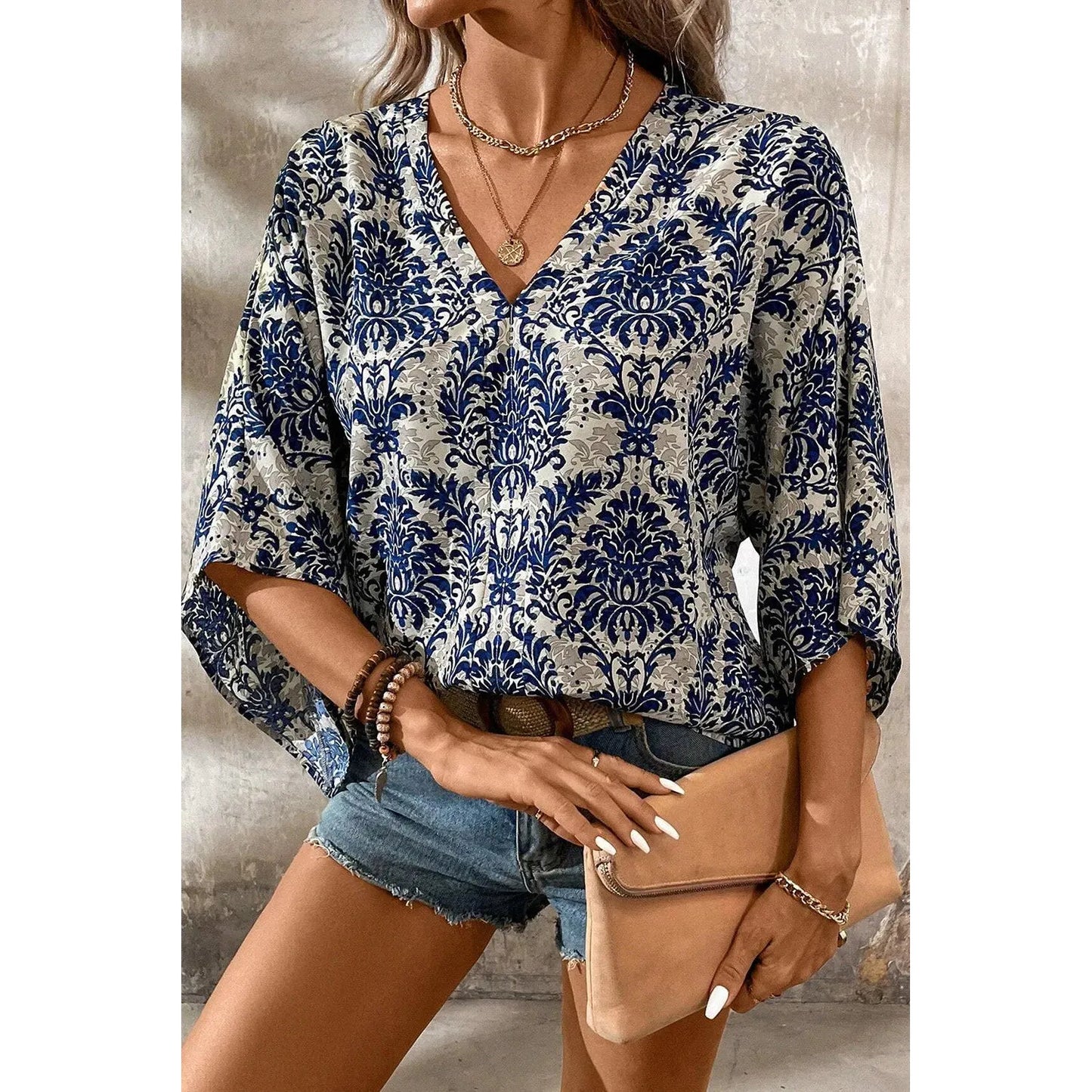 Printed V-Neck Three-Quarter Sleeve Blouse