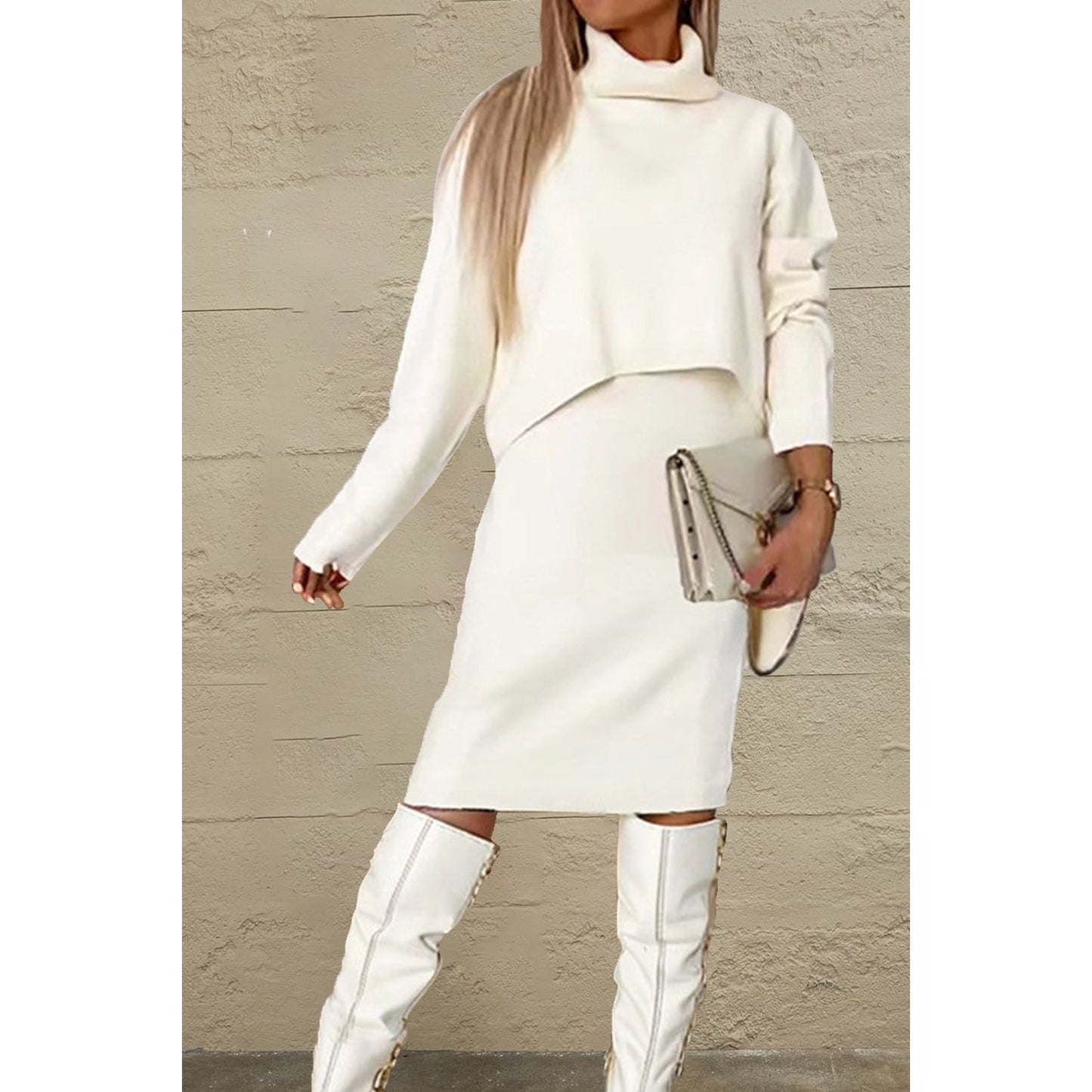 Turtleneck Dropped Shoulder Sweater and Midi Dress Sweater Set