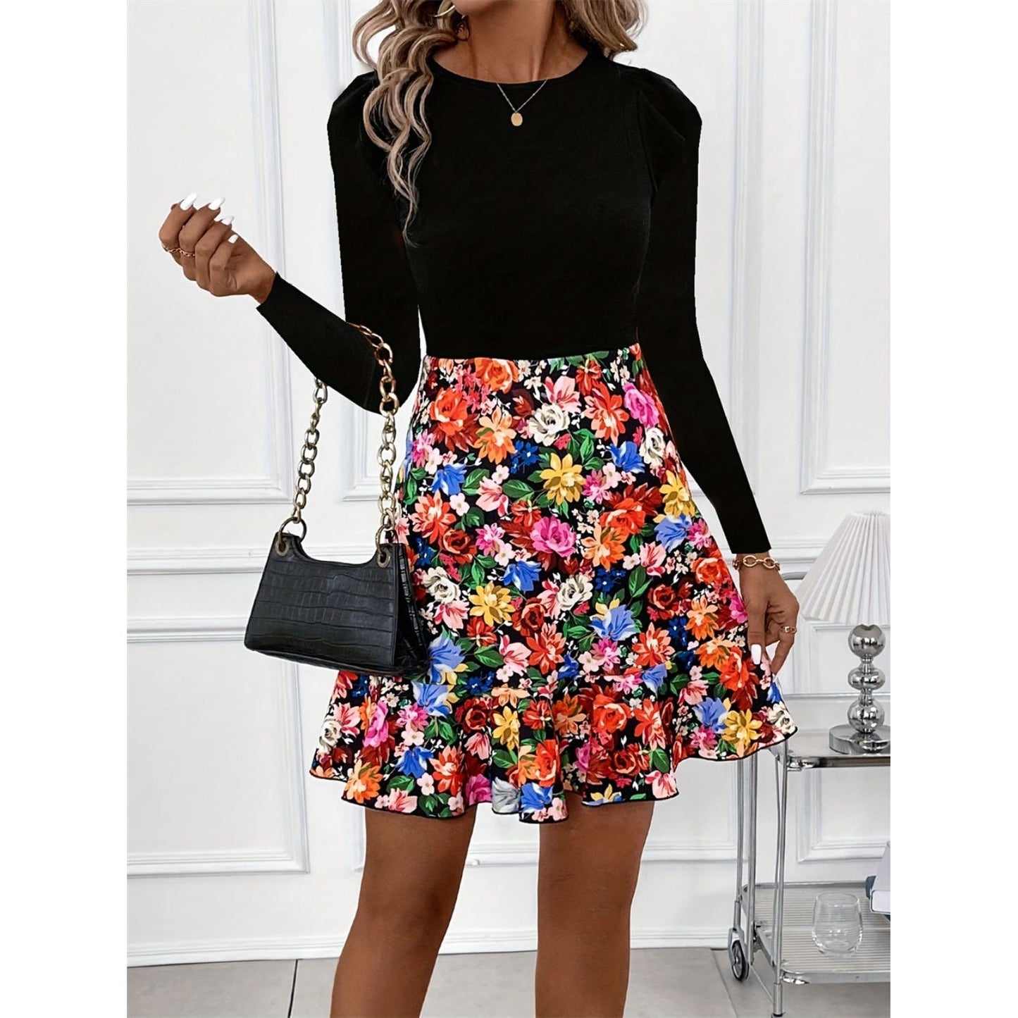 Floral Round Neck Long Sleeve Dress