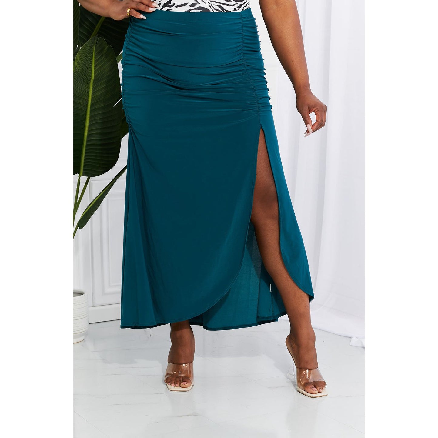 White Birch Full Size Up and Up Ruched Slit Maxi Skirt in Teal