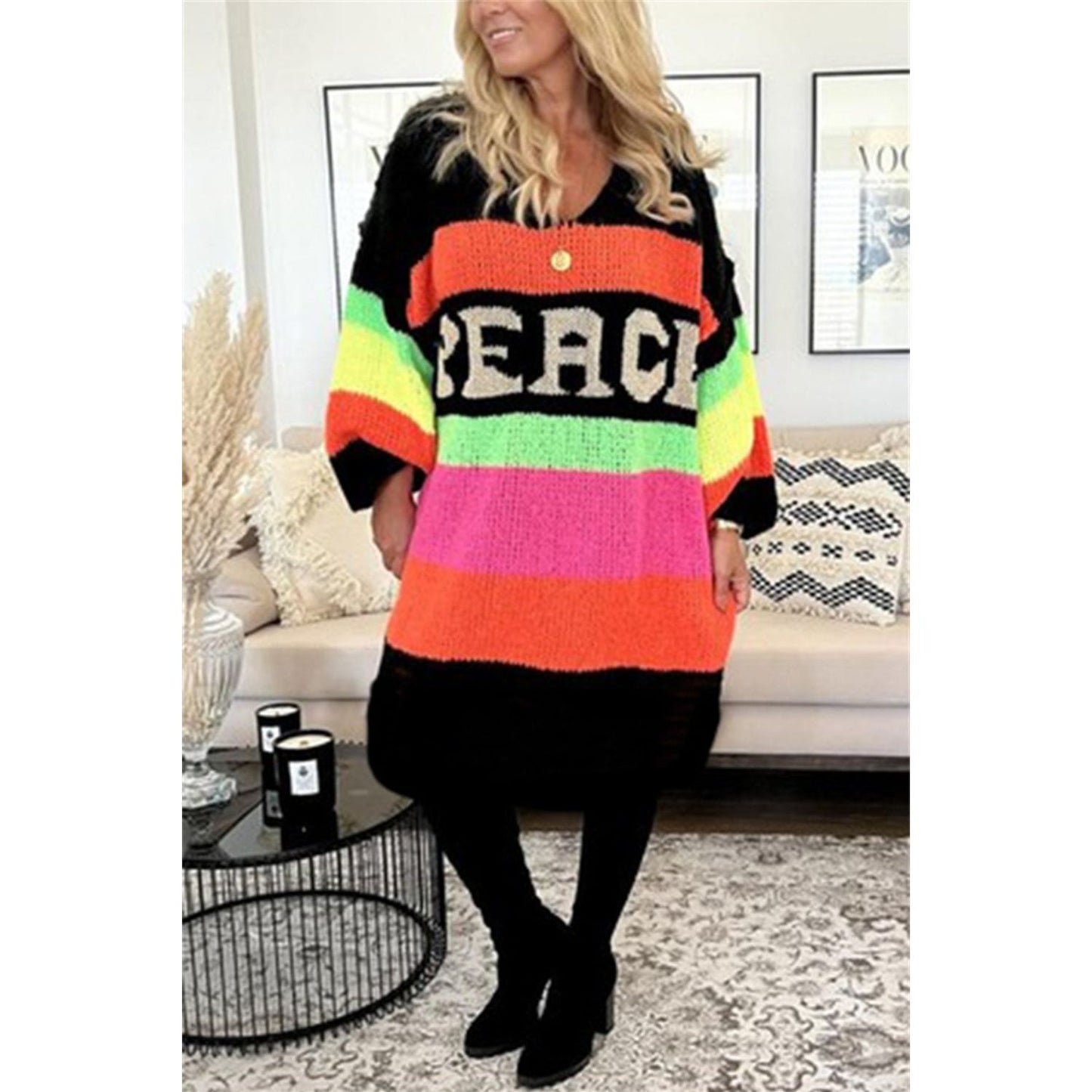 Color Block V-Neck Long Sleeve Sweater Dress