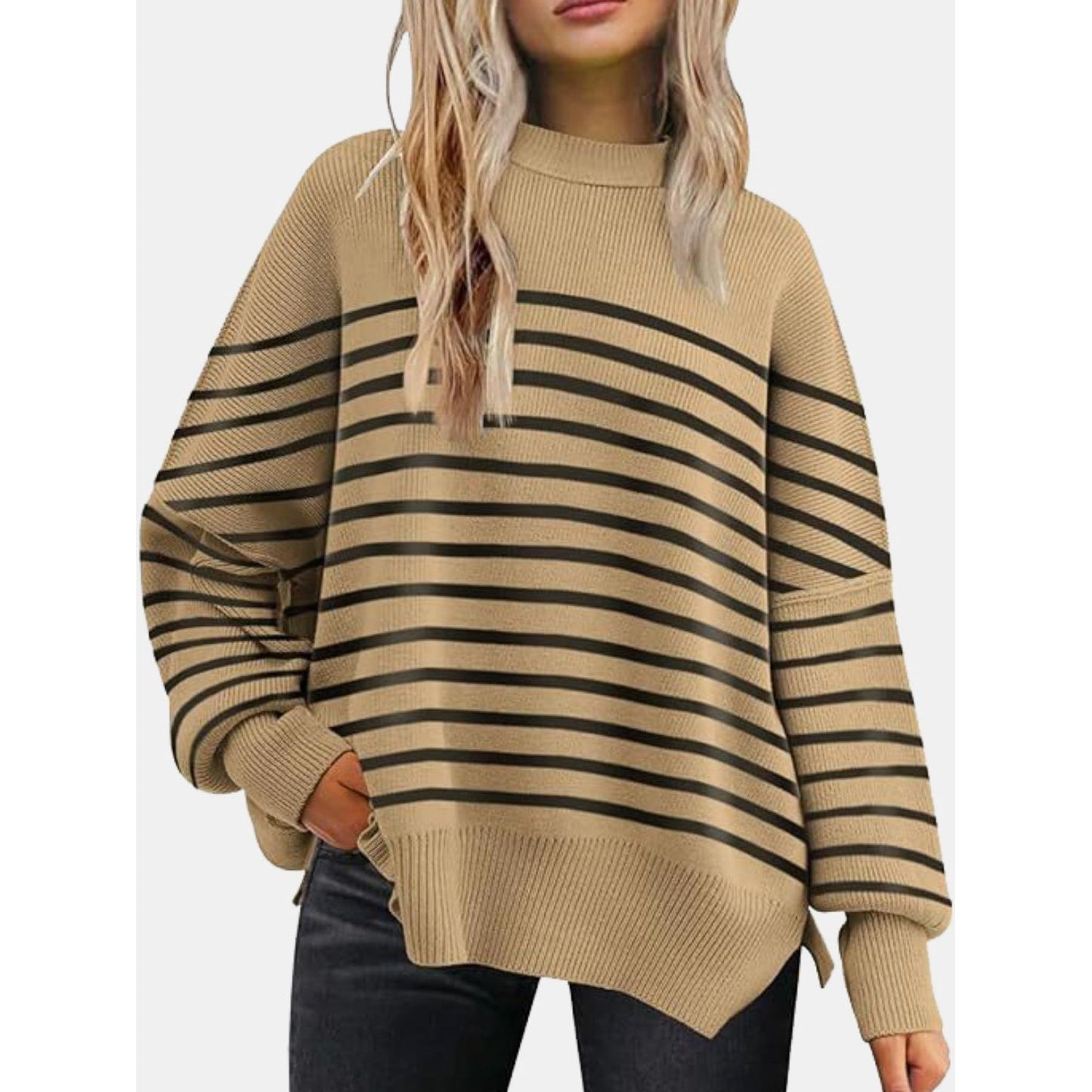 Round Neck Drop Shoulder Slit Sweater