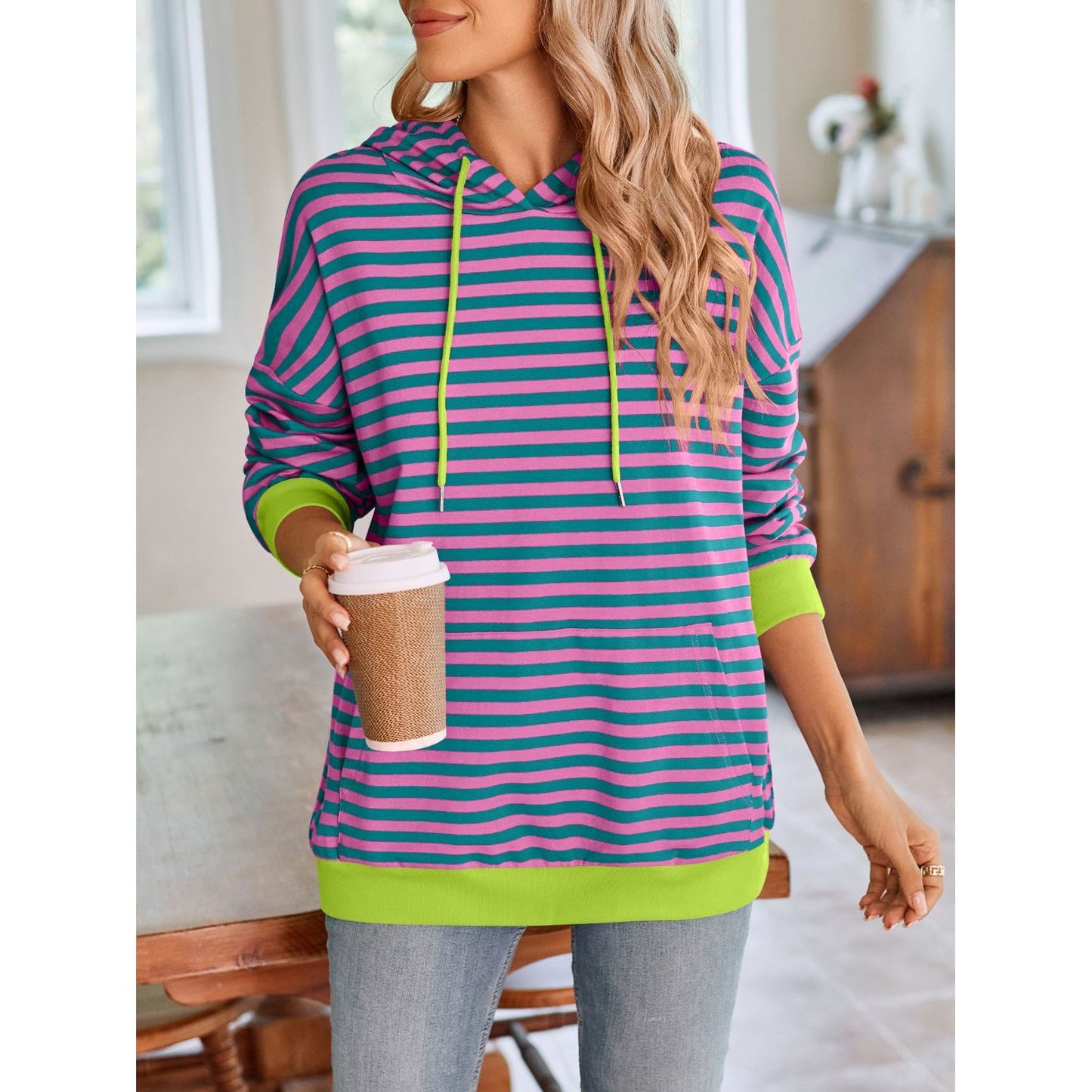 Lovelet Drawstring Striped Long Sleeve Hoodie