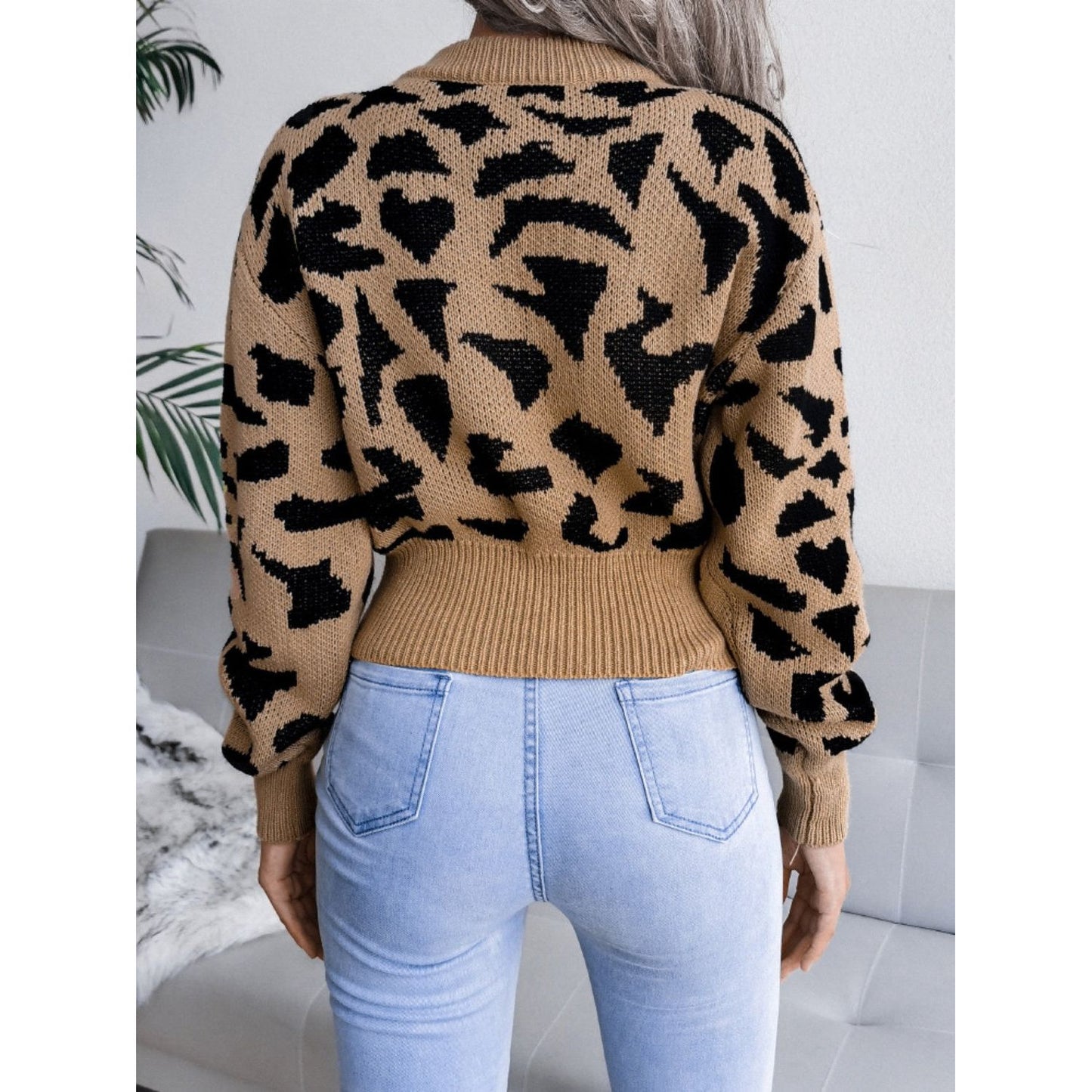 Leopard Round Neck Dropped Shoulder Sweater