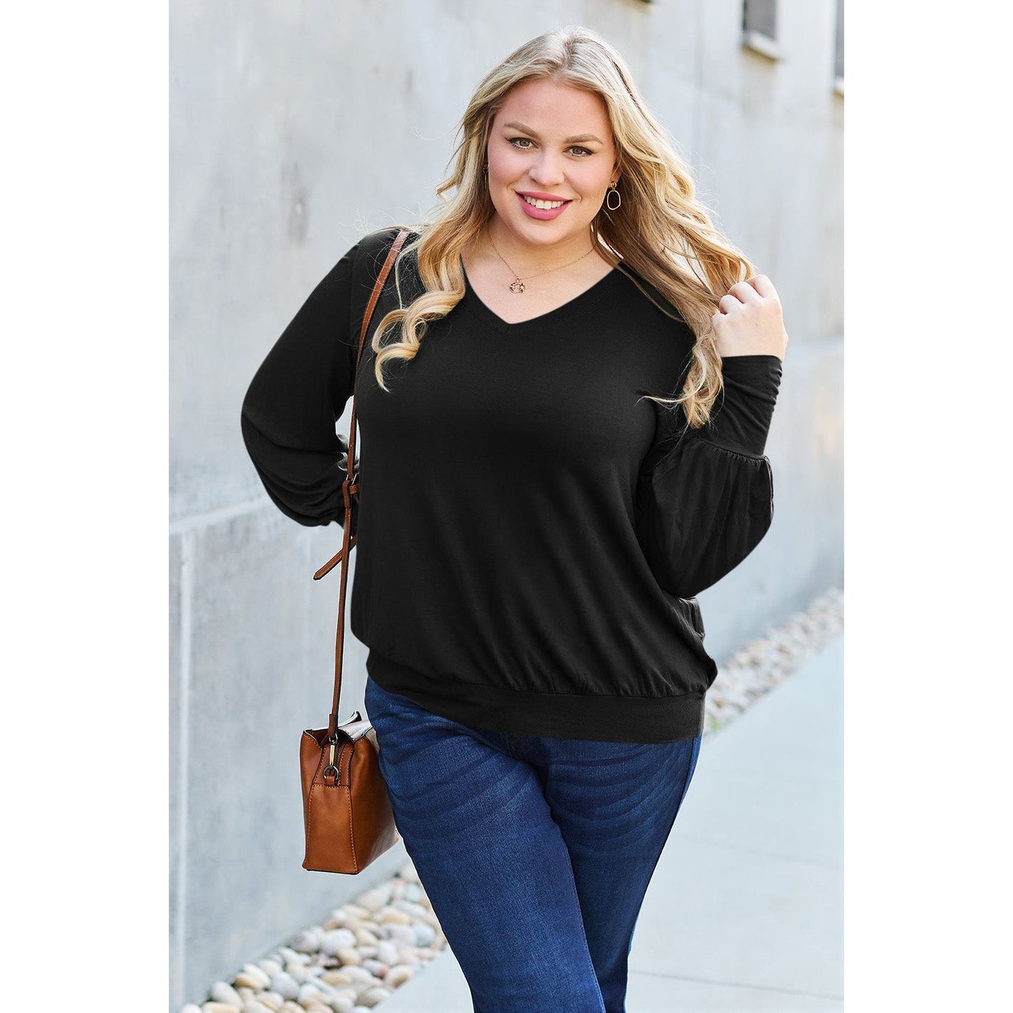 Basic Bae Full Size V-Neck Lantern Sleeve Top