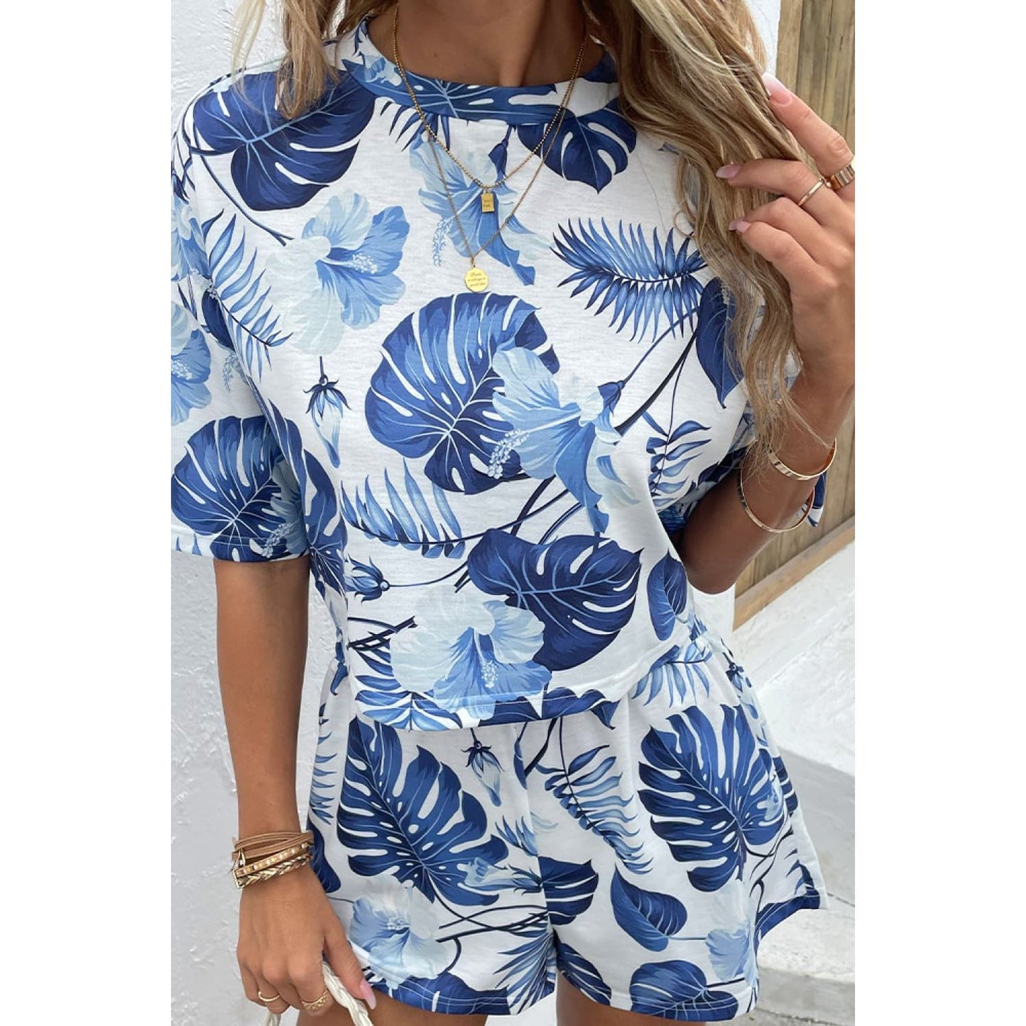 Shiny Printed Half Sleeve Top and Shorts Lounge Set