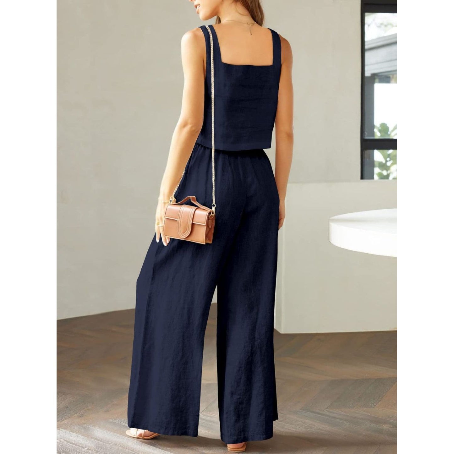 Square Neck Top and Wide Leg Pants Set