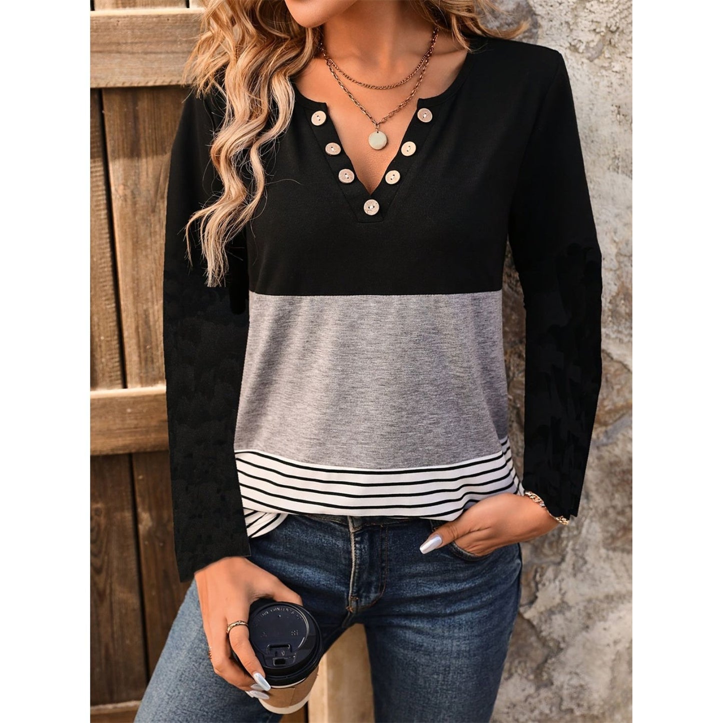 Notched Long Sleeve T-Shirt