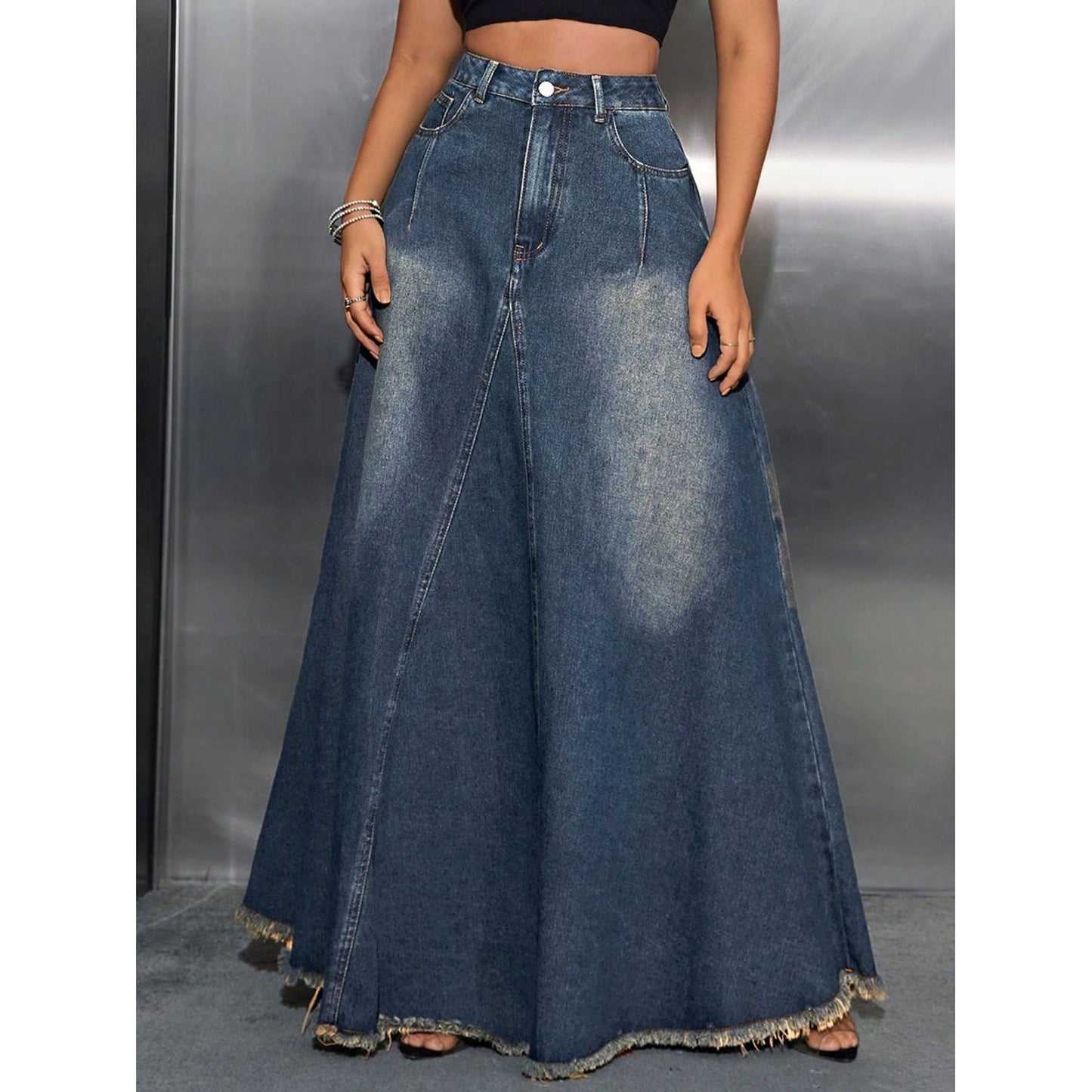 Raw Hem High Waist Denim Skirt with Pockets