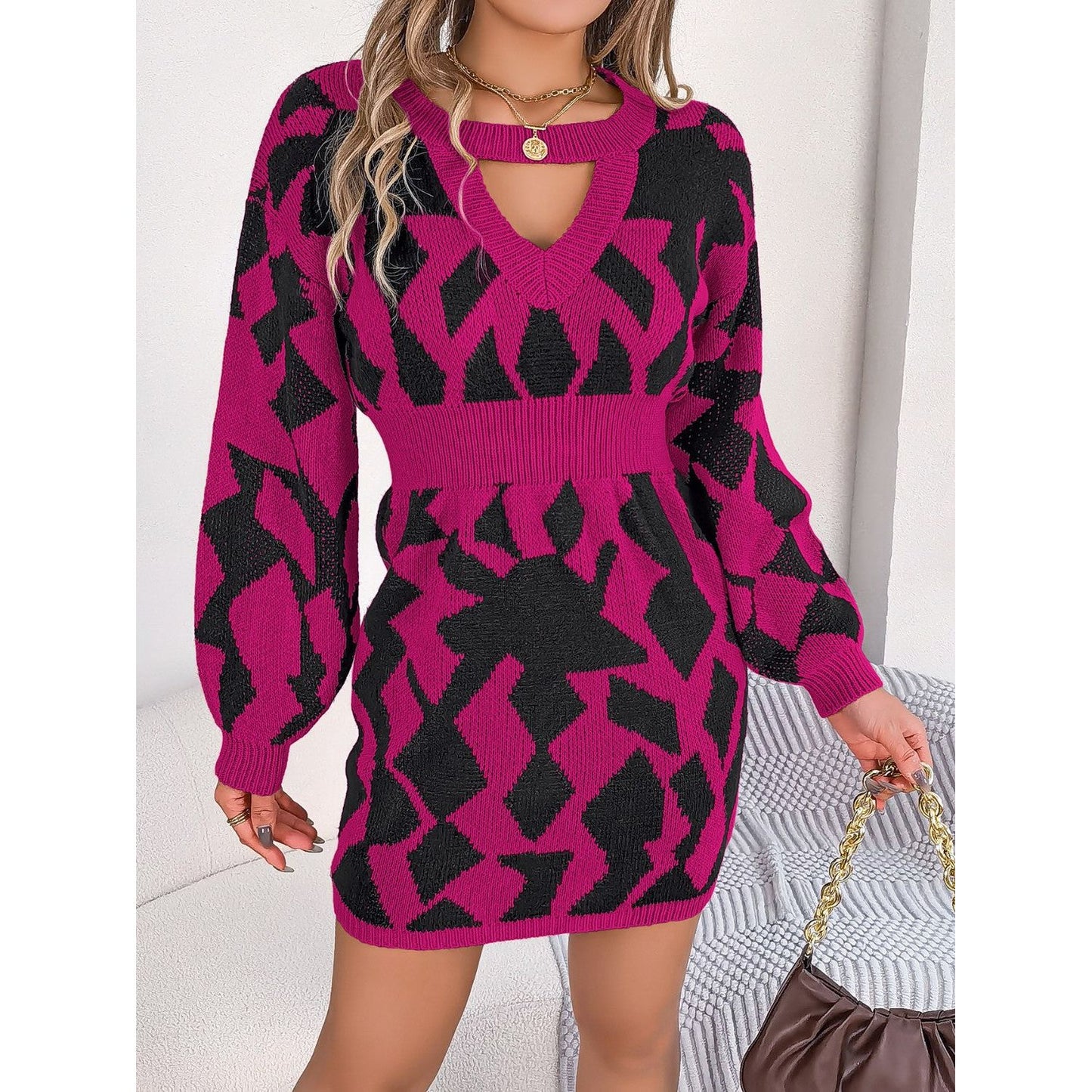 Contrast Round Neck Cutout Long Sleeve Mini Sweater Dress