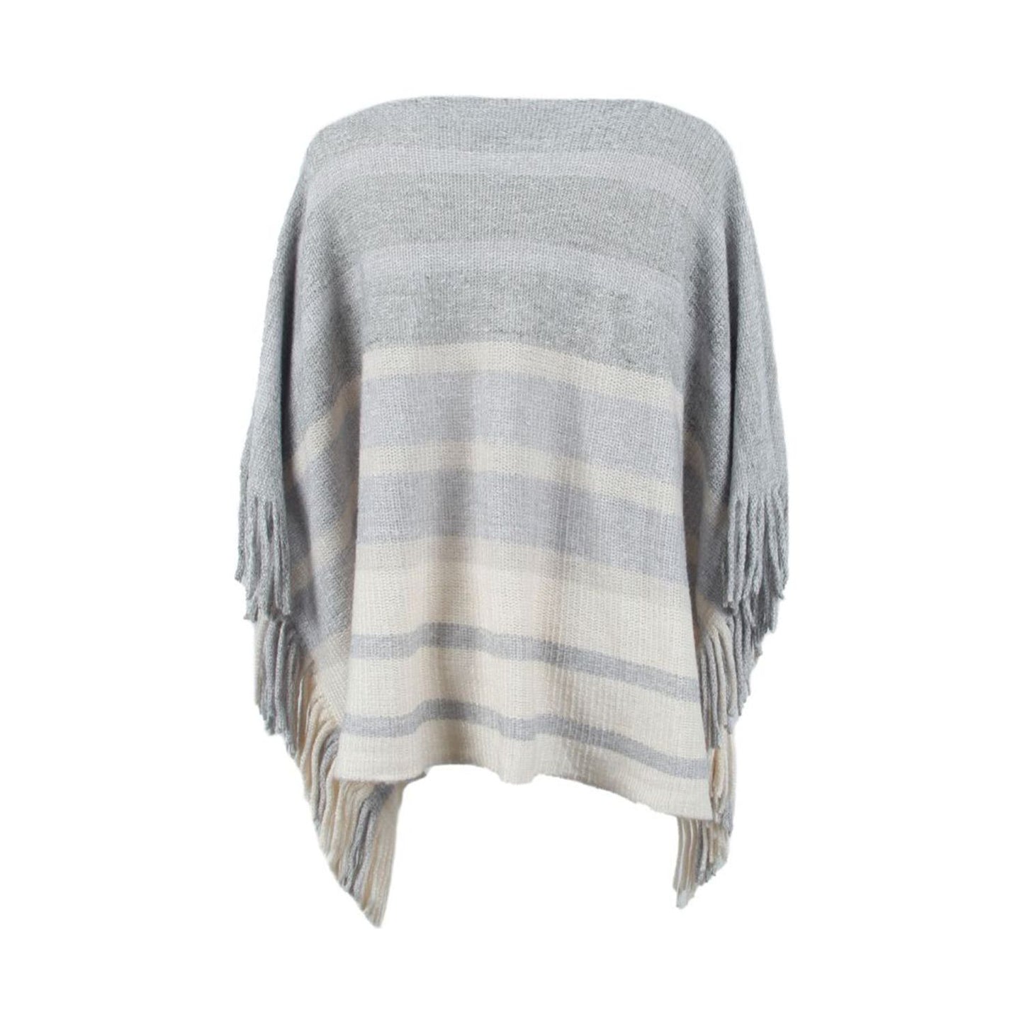 Striped Boat Neck Poncho with Fringes