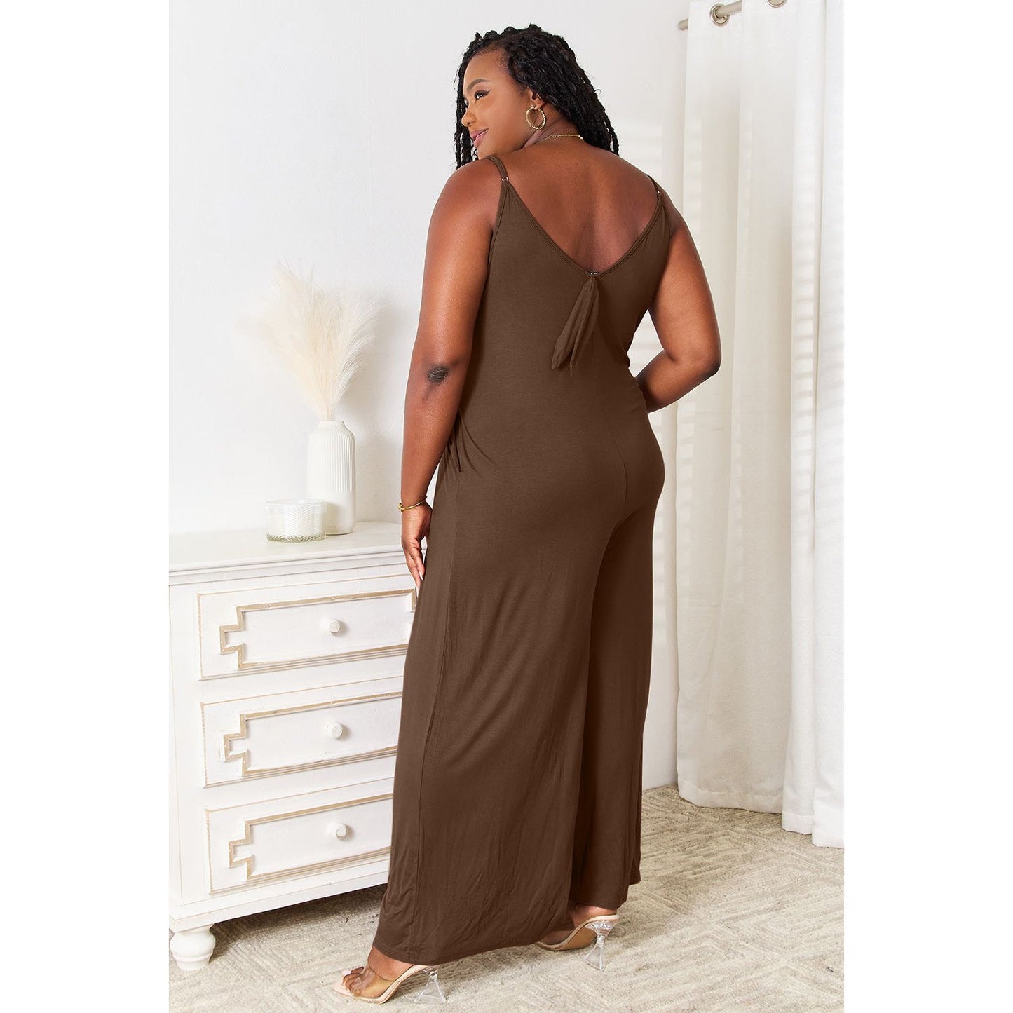 Double Take Full Size Soft Rayon Spaghetti Strap Tied Wide Leg Jumpsuit