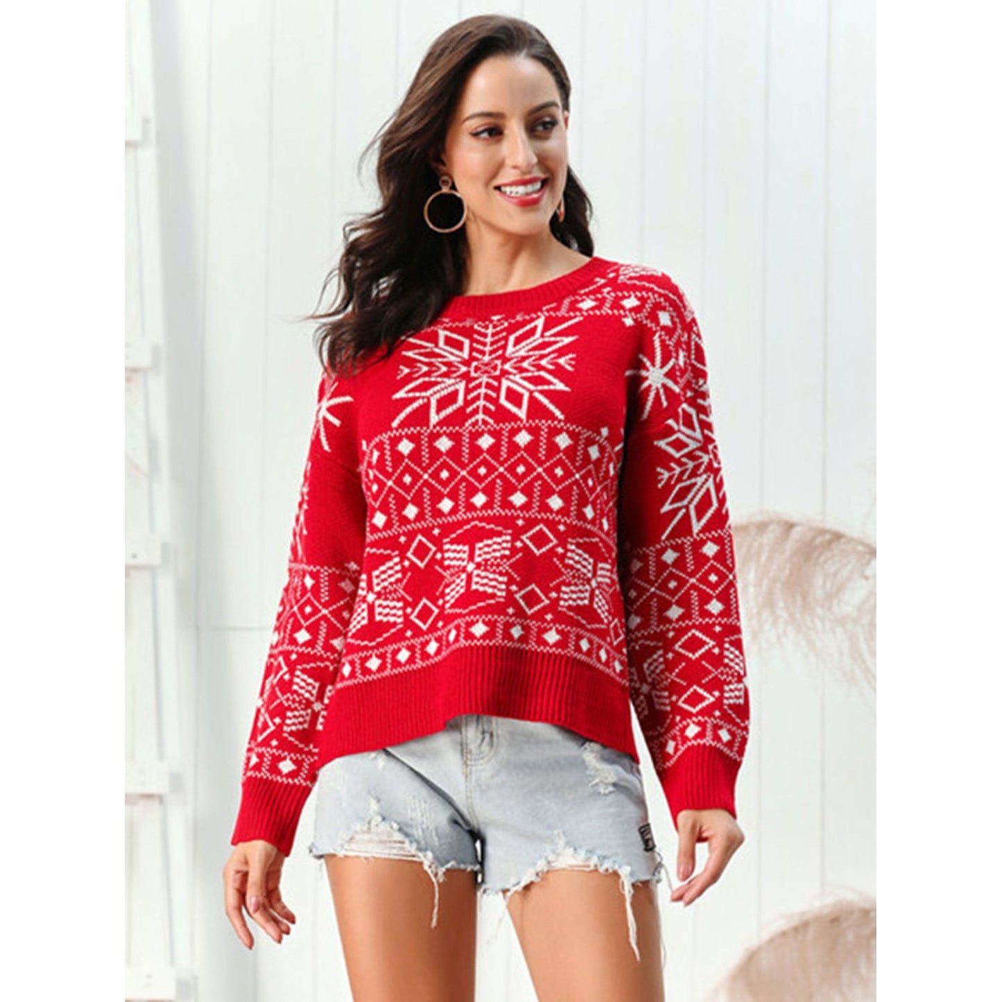 Snowflake Pattern Round Neck Sweater