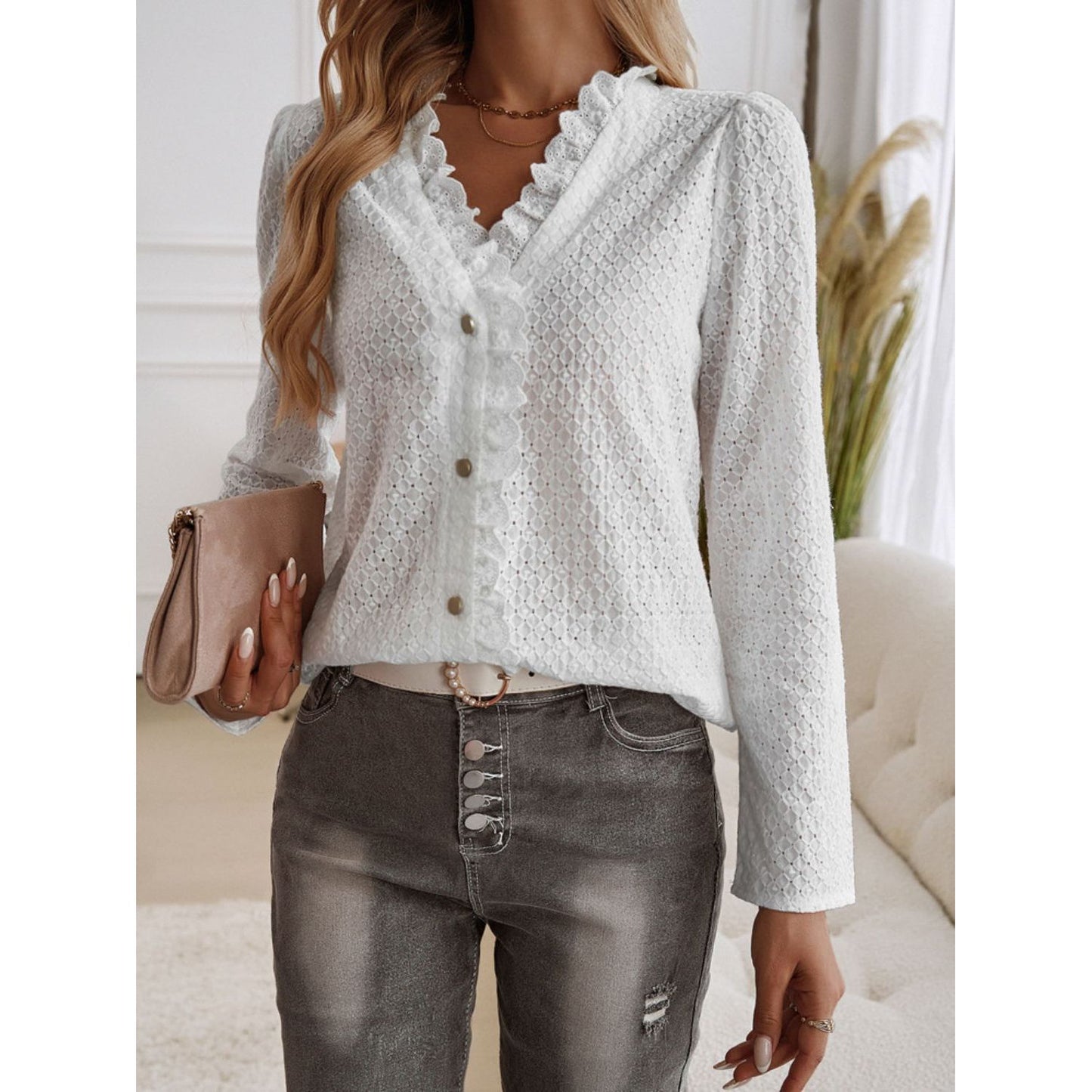 Devine Frill V-Neck Long Sleeve Shirt