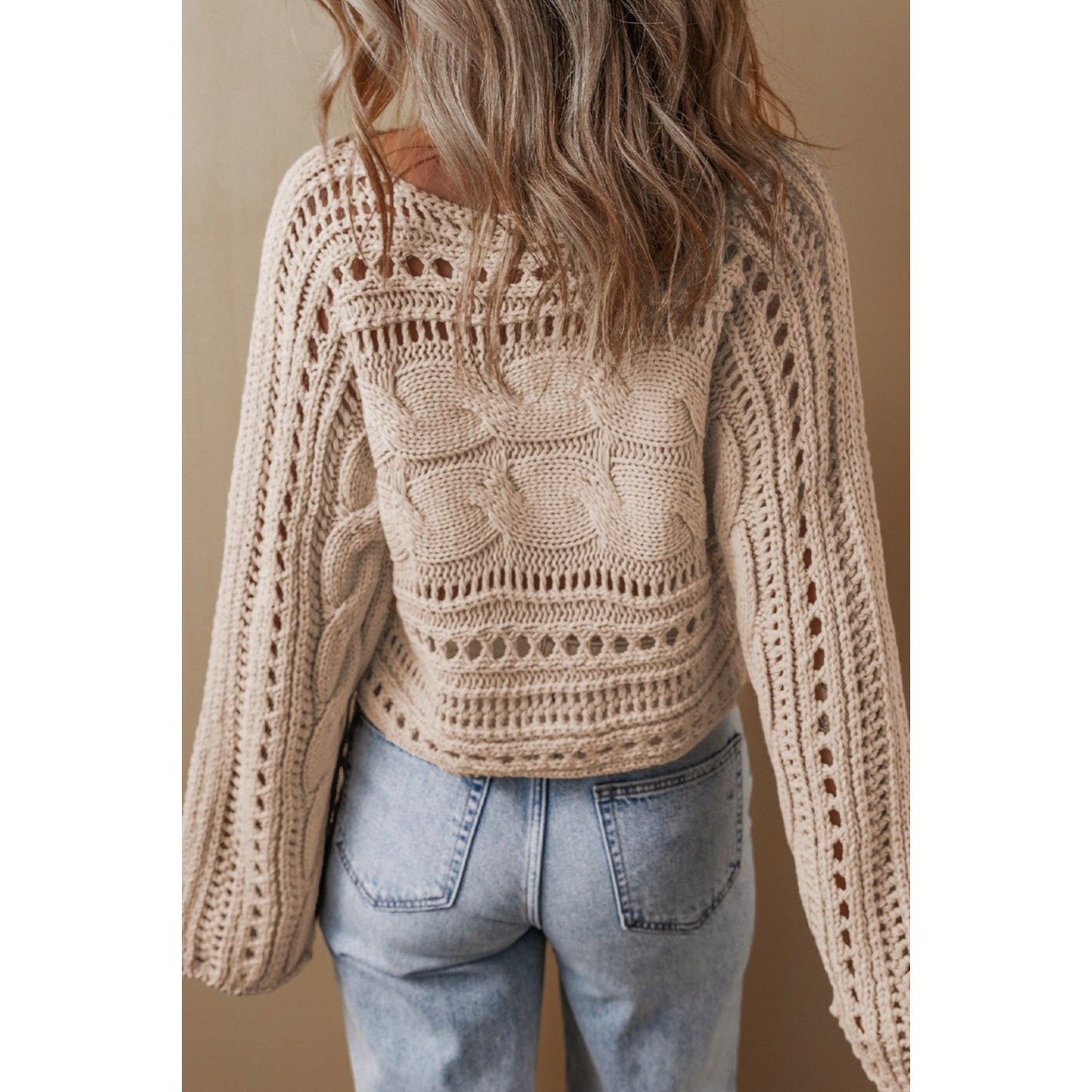 Cable-Knit Openwork Long Sleeve Sweater