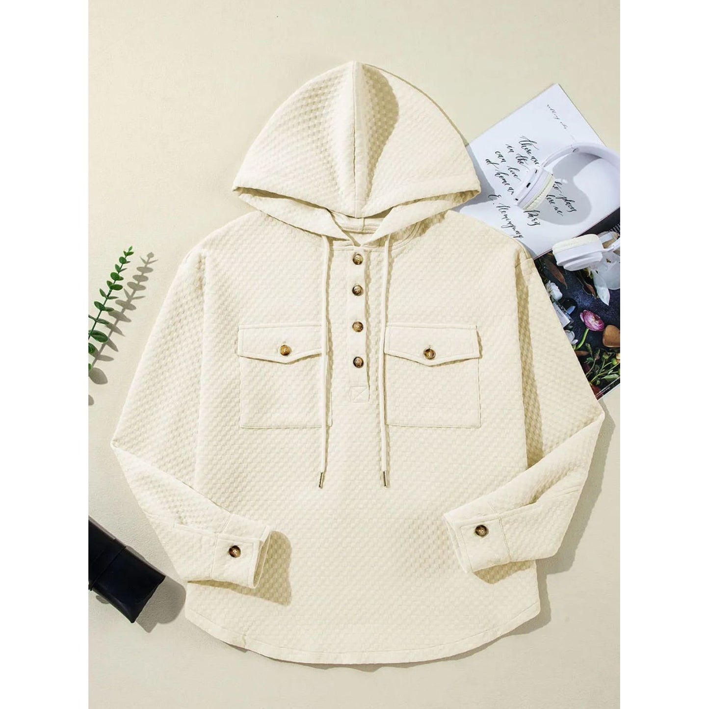 Drawstring Half Button Long Sleeve Hoodie