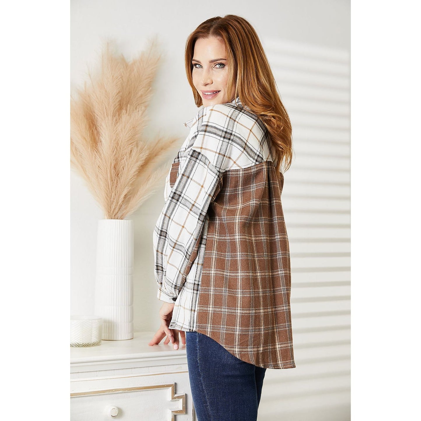 Double Take Plaid Contrast Button Up Shirt Jacket