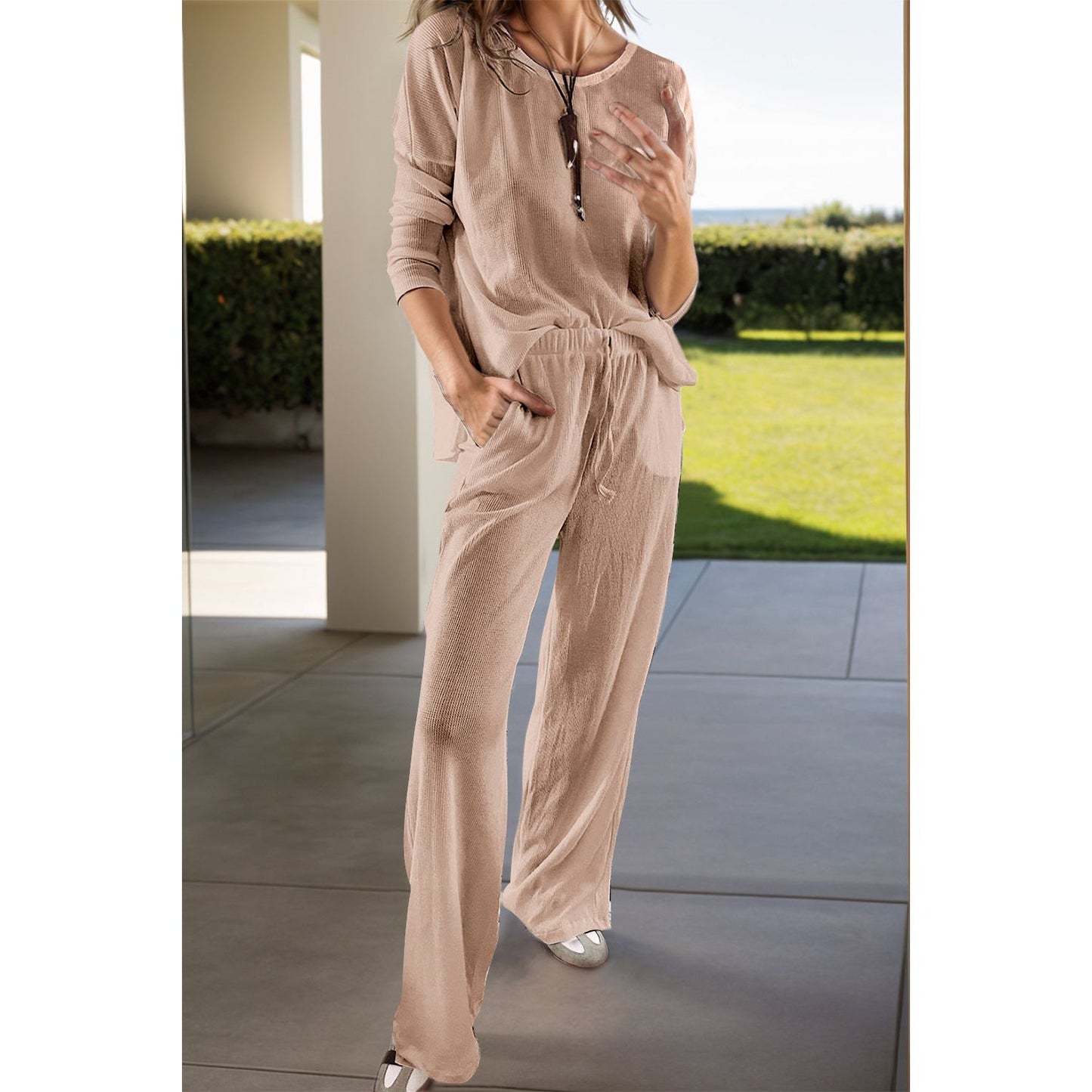 Round Neck Long Sleeve Top and Drawstring Pants Lounge Set