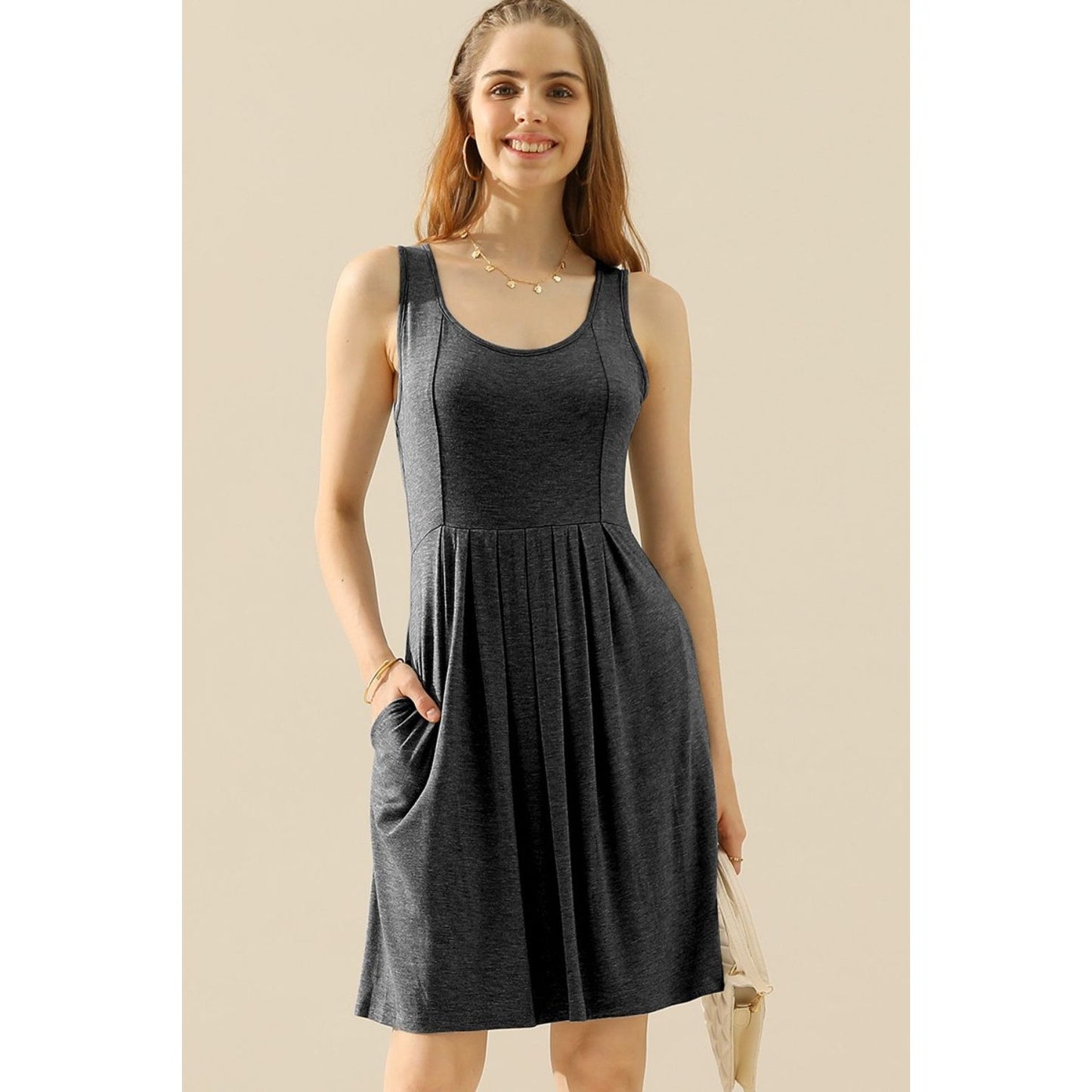 Doublju Full Size Round Neck Ruched Sleeveless Dress with Pockets