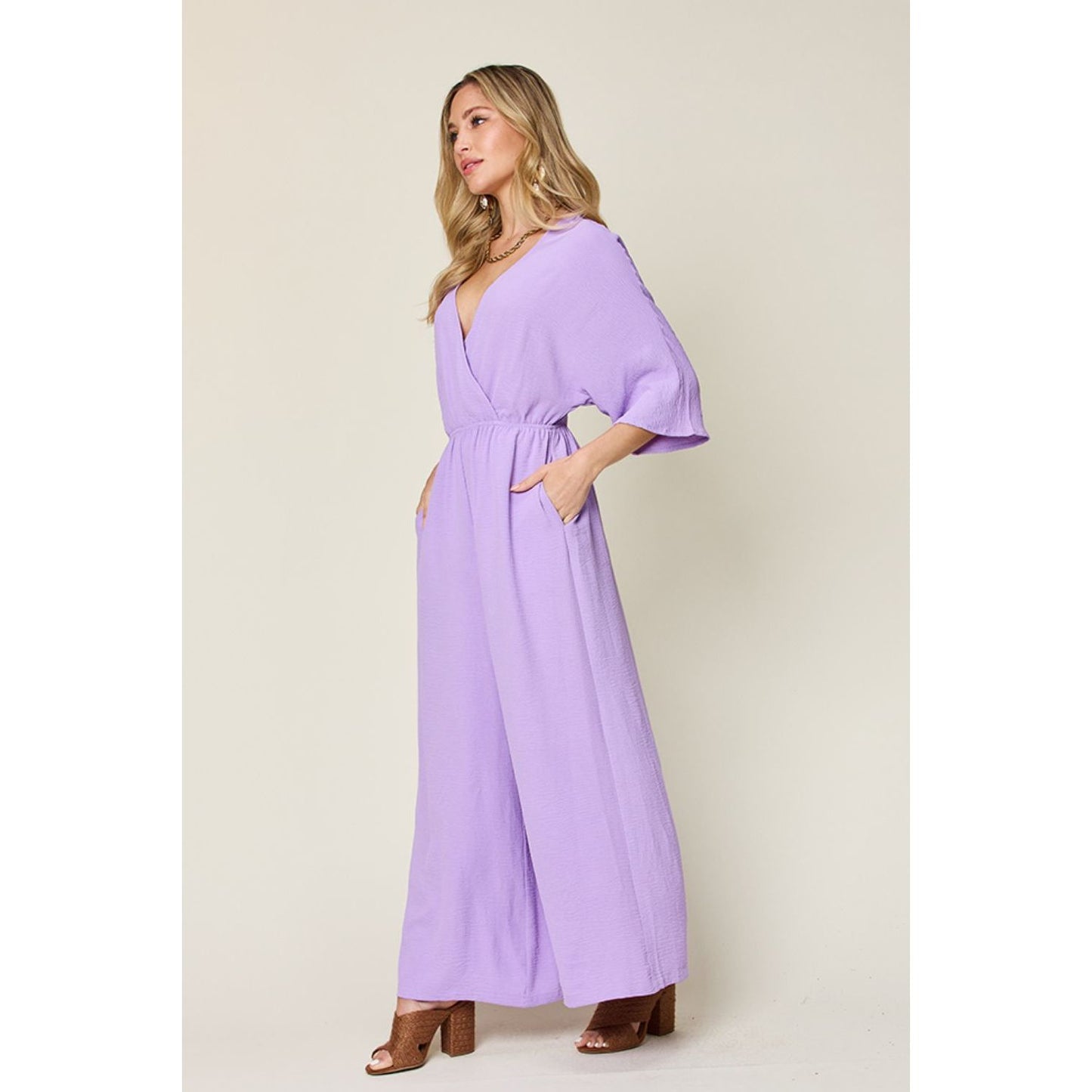 Double Take Full Size Surplice Wide Leg Jumpsuit with Pockets