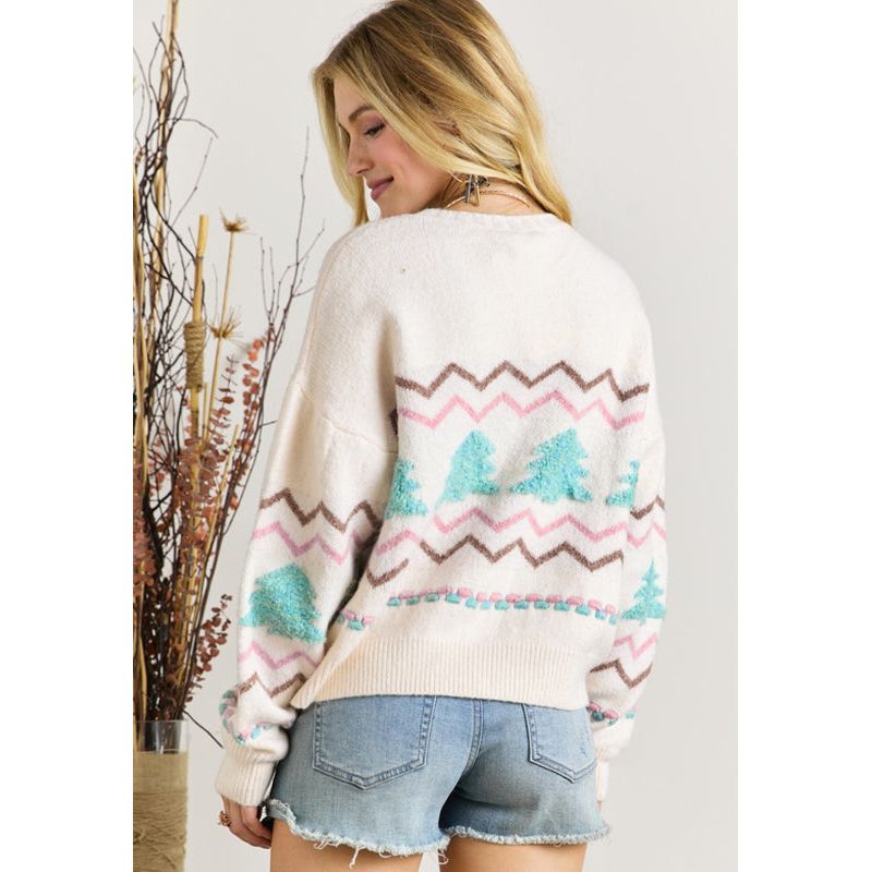 Christmas Tree Ribbed Hem Dropped Shoulder Sweater