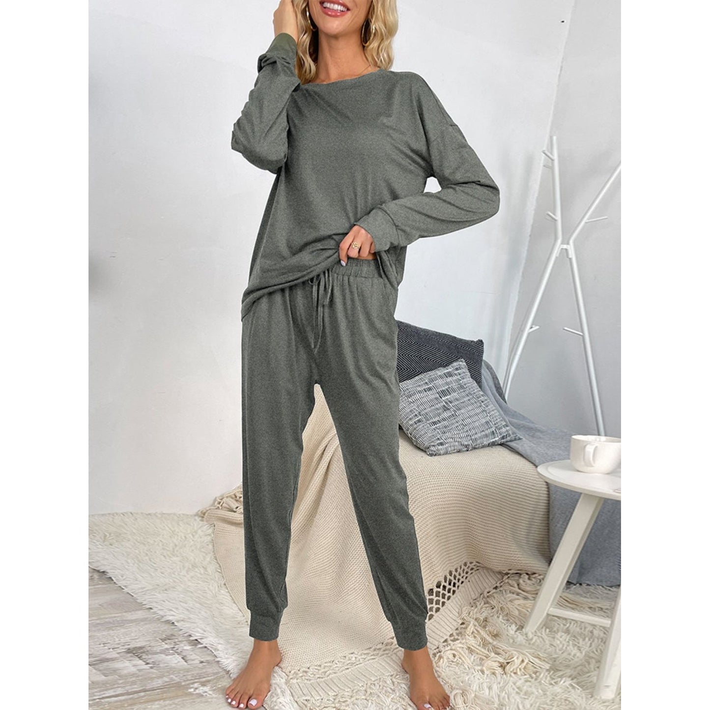 Shiny Round Neck Top and Drawstring Pants Lounge Set