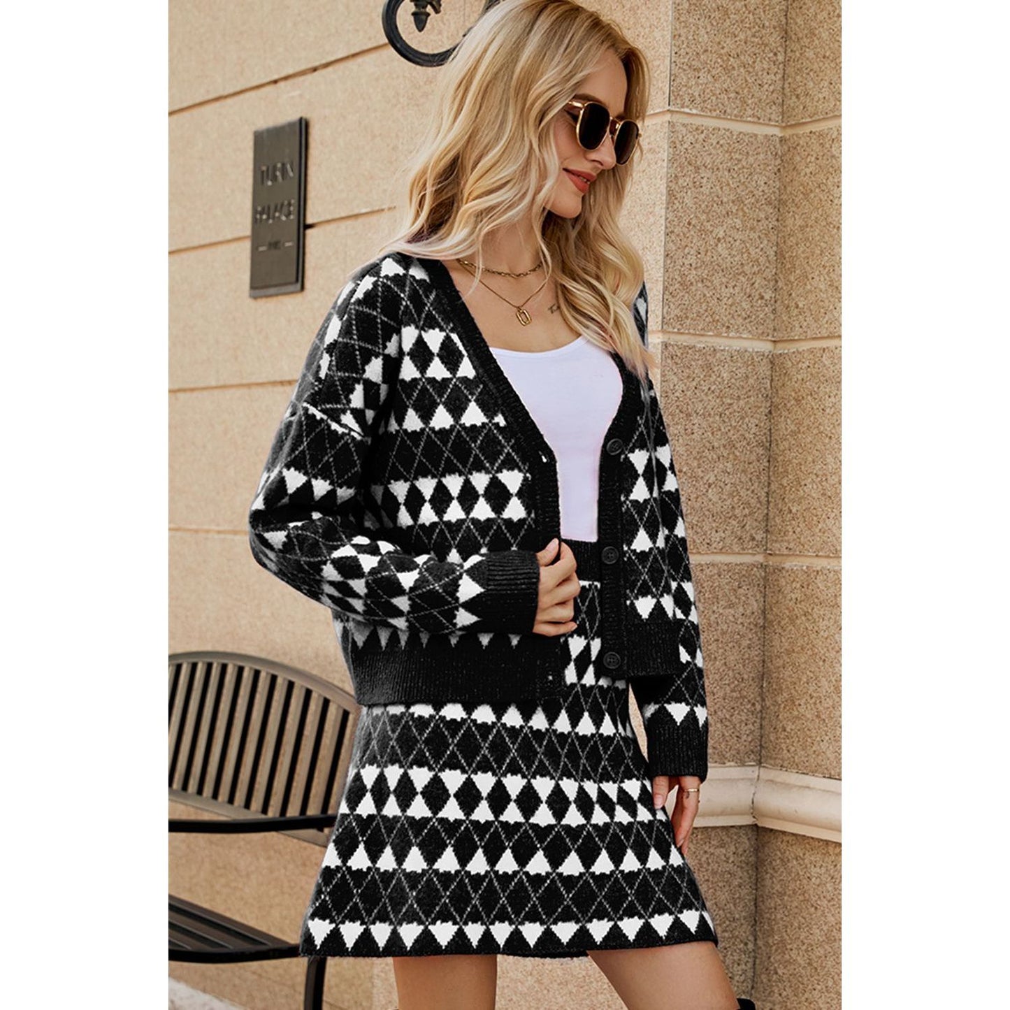 Geometric Dropped Shoulder Cardigan and Knit Skirt Set