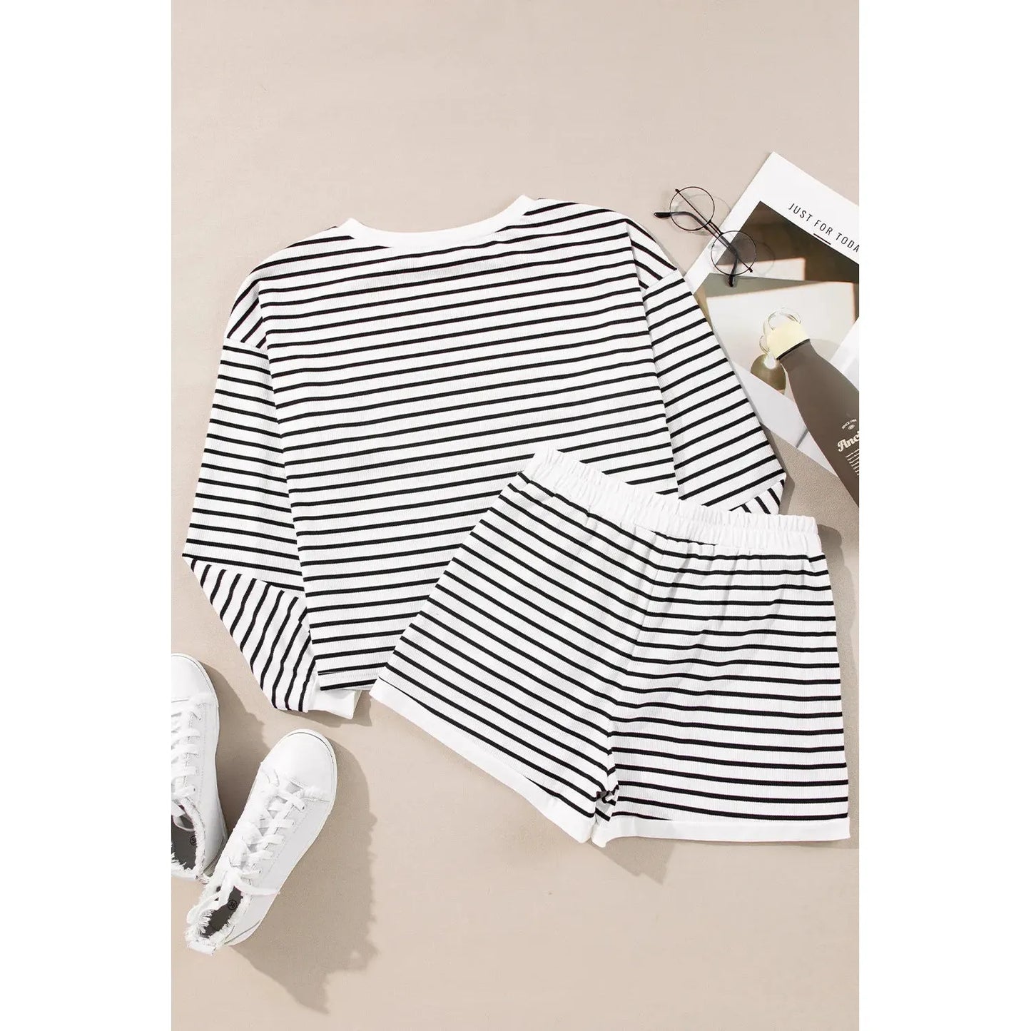 Striped Round Neck Long Sleeve Top and Shorts Set