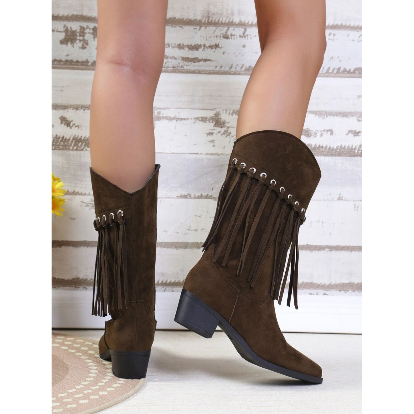 Fringe Suede Point Toe Block Heel Boots