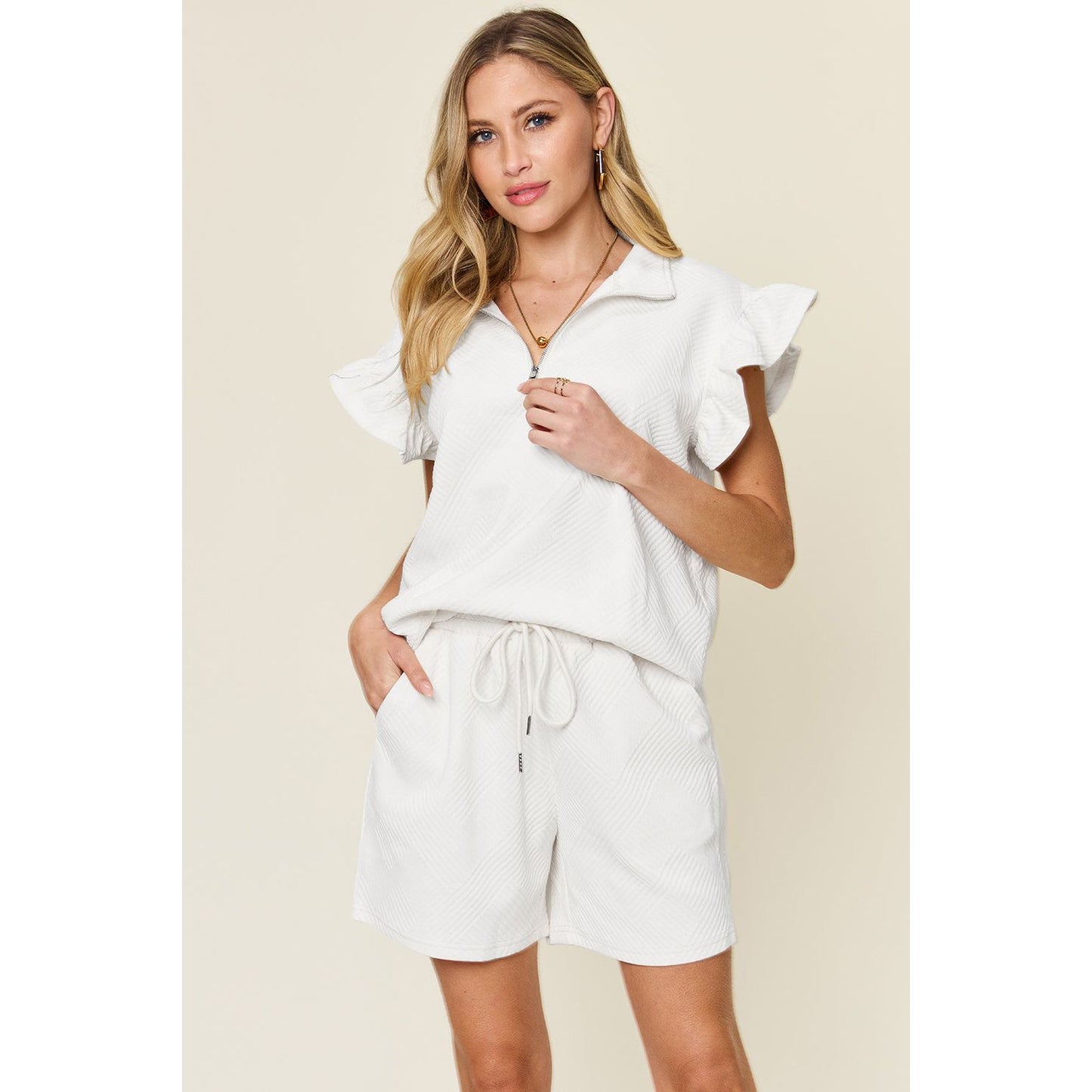 Double Take Full Size Texture Flounce Sleeve Top and Drawstring Shorts Set