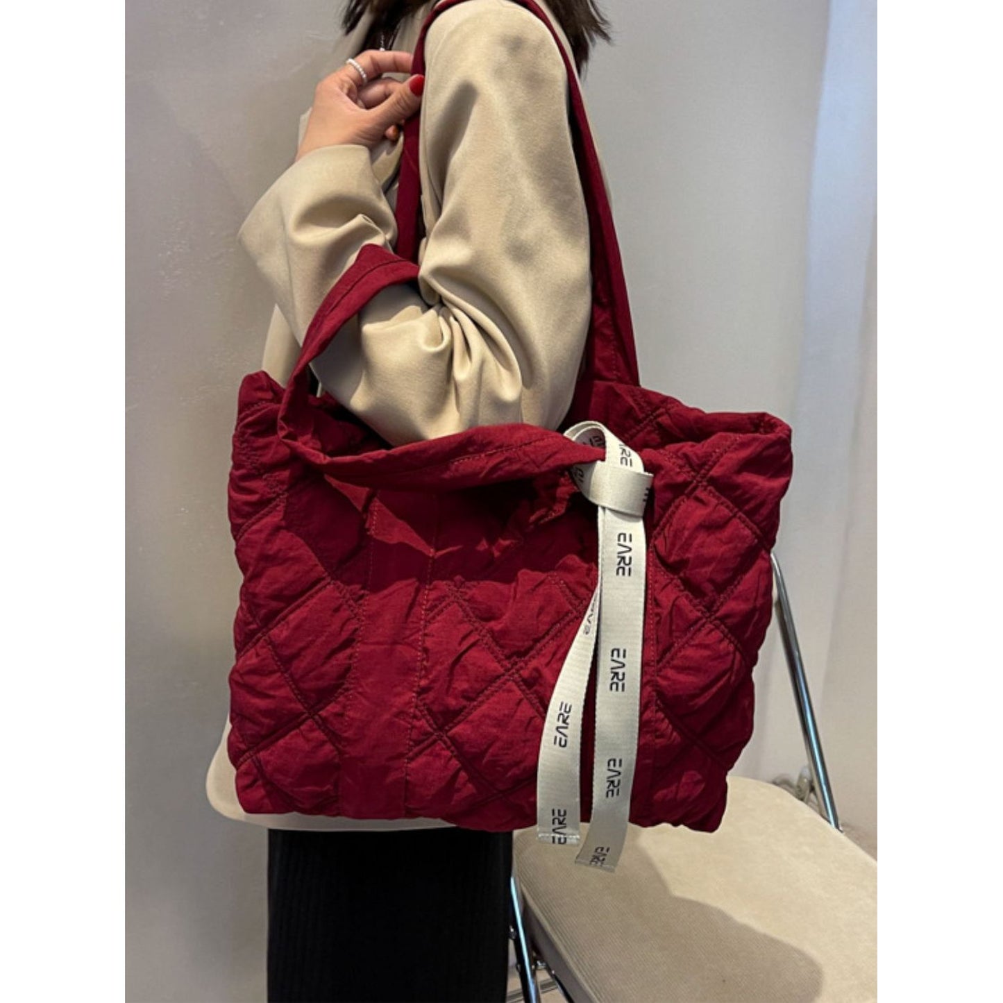 Quilted Nylon Large Tote Bag